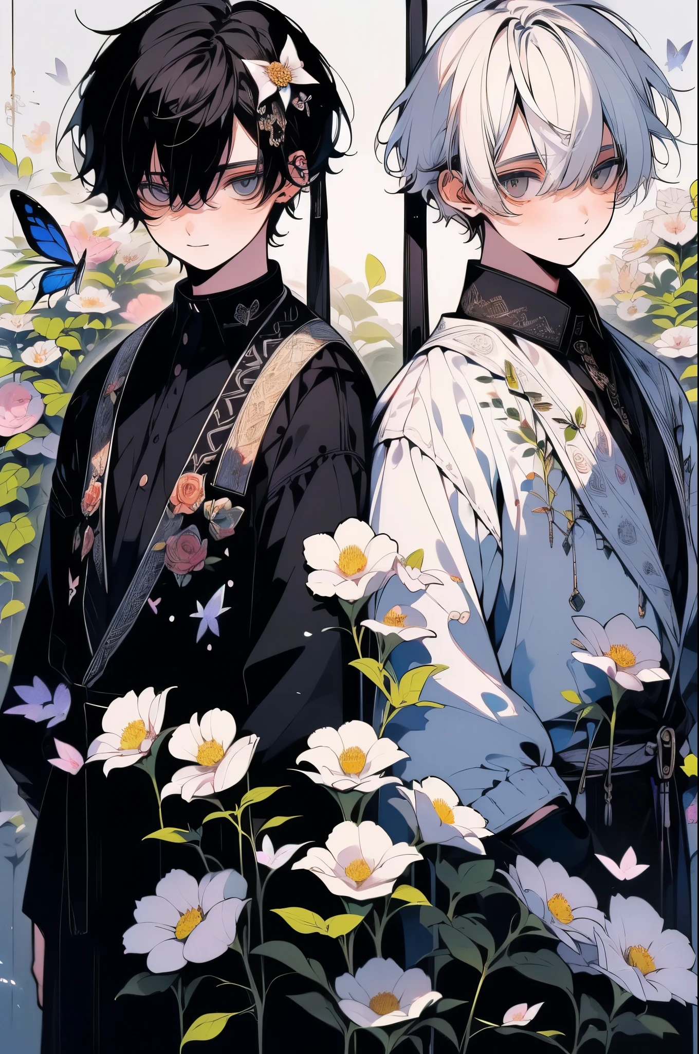 (muste piece), (highest quality), very detailed, (Two men in their 20s standing next to each other:1.4), Upper body shot，perfect face, beautiful face, very detailed顔，flower，butterfly々，flowerびら，Light，(smile:1.3)，(black haired man:1.4)，(white haired man:1.4)