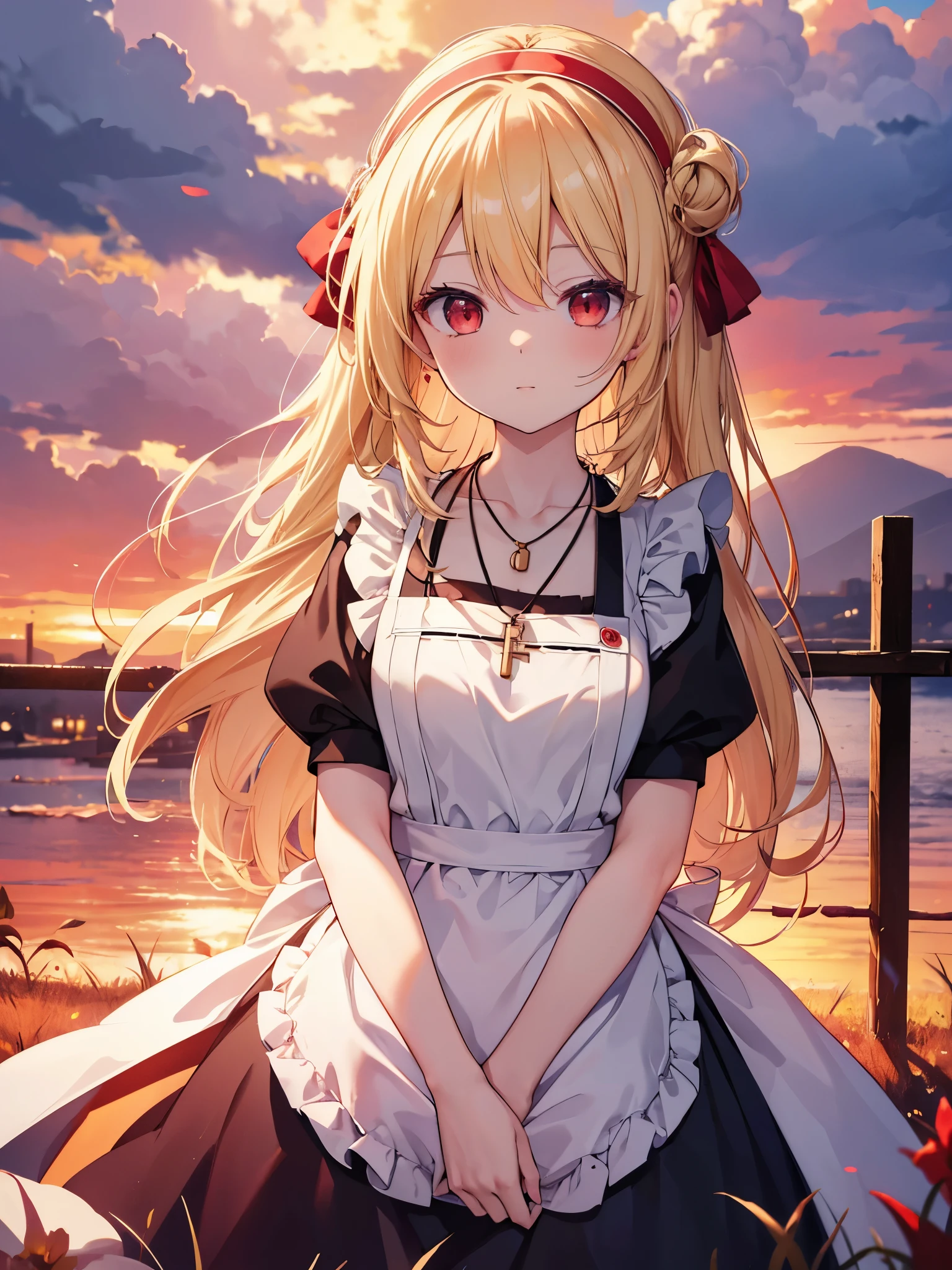 masterpiece, highest quality, High resolution, Amalie, long hair, blonde hair, red eyes, hair band, hair ribbon, dress, key necklace, apron, sunset, wariza, field,