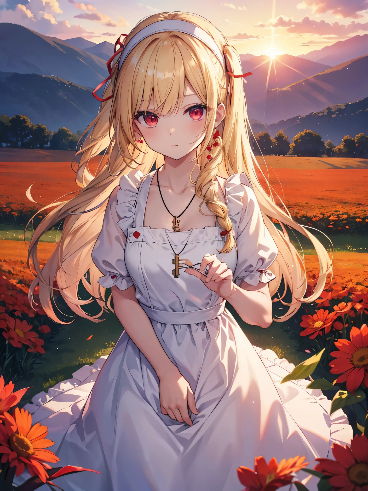 masterpiece, highest quality, High resolution, Amalie, long hair, blonde hair, red eyes, hair band, hair ribbon, dress, key necklace, apron, sunset, wariza, field,