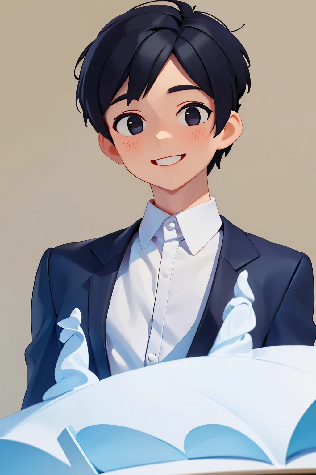 Portrait、Upper body、Male around 24 years old、black hair、short hair、white long sleeve y-shirt、Gentle smile、Businessman
