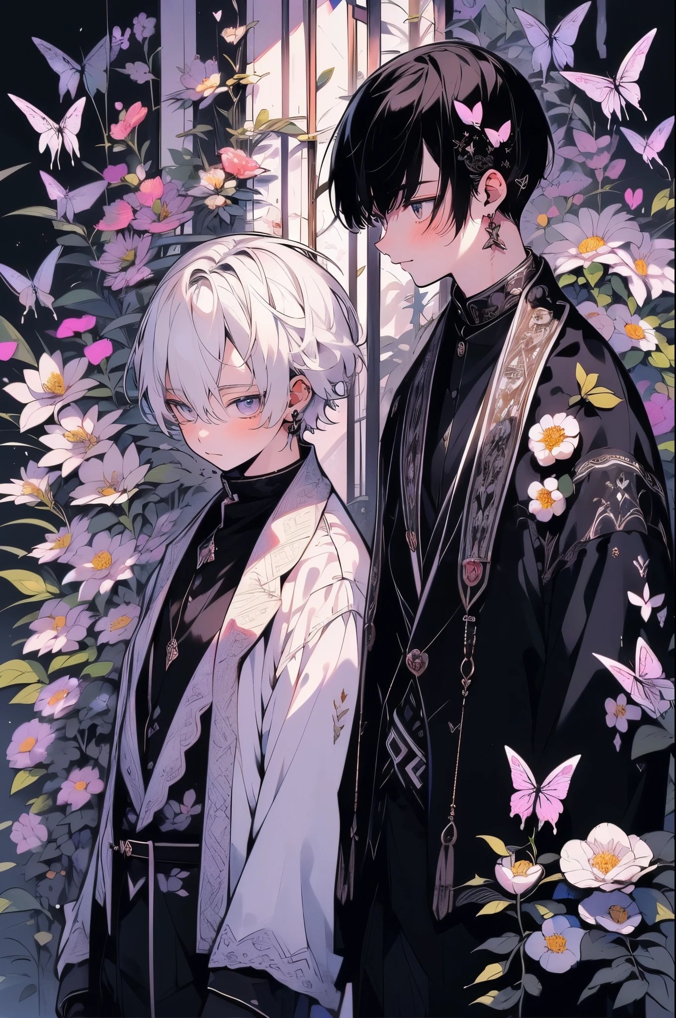 (muste piece), (highest quality), very detailed, (Two men in their 20s standing next to each other:1.4), Upper body shot,perfect face, beautiful face, very detailed顔,flower,butterfly々,flowerびら,Light,(smile:1.3),(black haired man:1.4),(white haired man:1.4)