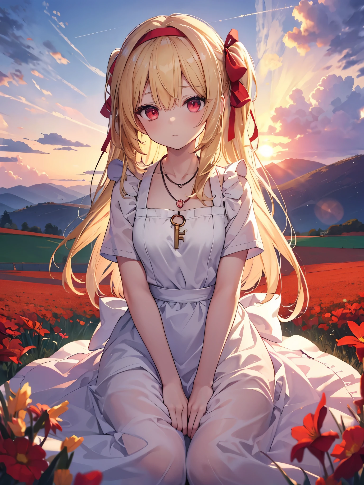 masterpiece, highest quality, High resolution, Amalie, long hair, blonde hair, red eyes, hair band, hair ribbon, dress, key necklace, apron, sunset, wariza, field,