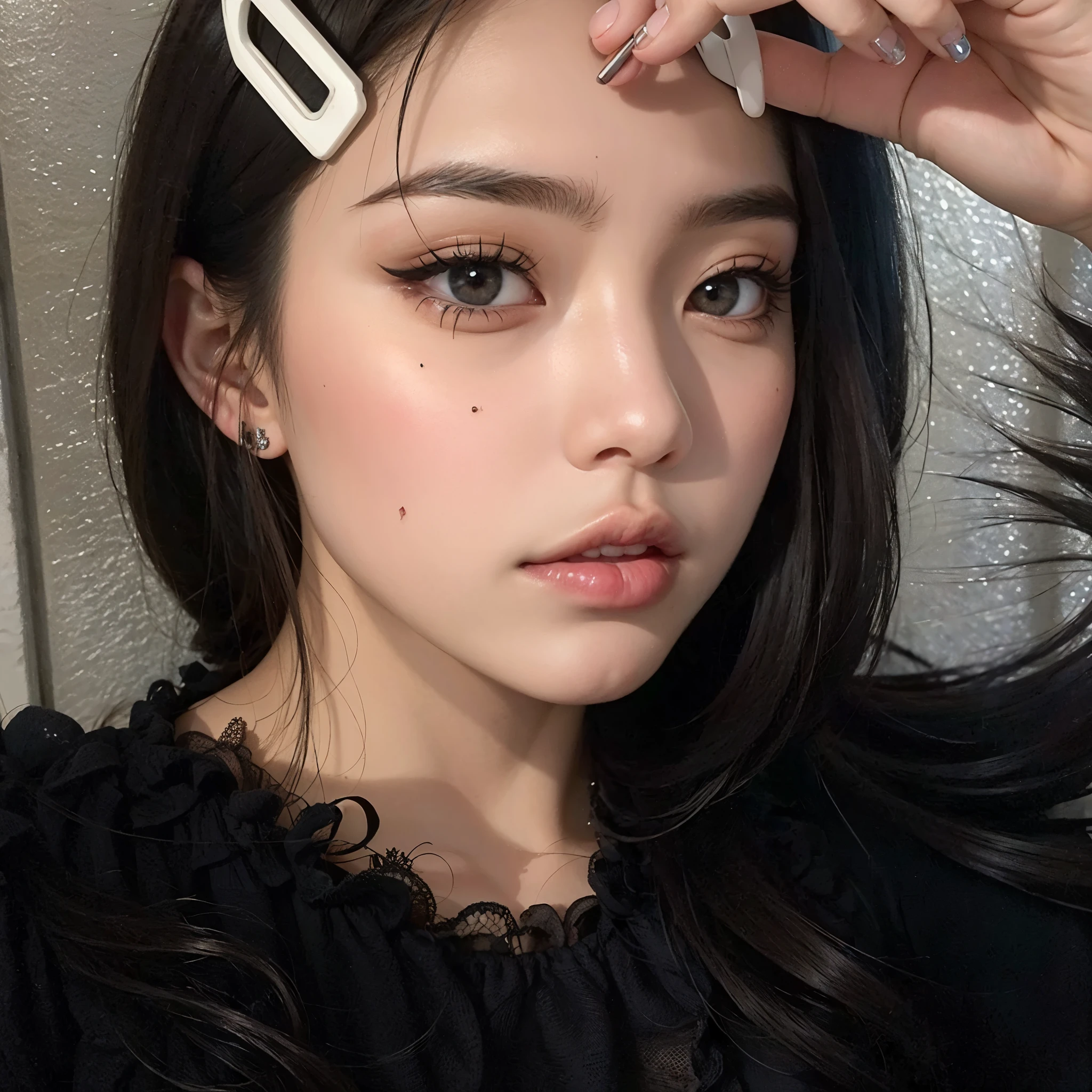 un primer plano de una mujer con un par de tijeras en la cabeza, maquillaje popular de corea del sur, cruel korean gothic girl, ulzzang, maquillaje coreano popular, muchacha coreana, hermoso rostro estetico, cara sexy con maquillaje completo, pale korean adorable face, pelo negro y ojos grandes, lindos ojos redondos e inclinados, pale, snow-white skin, labios claros y de alta calidad