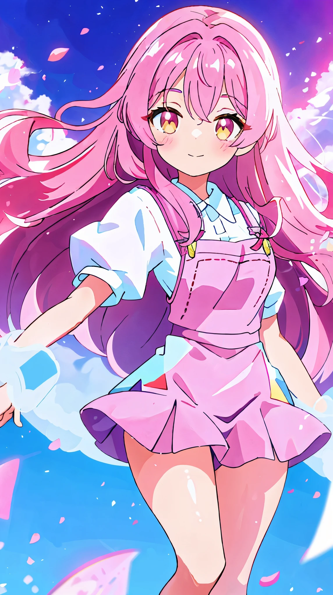 In the heart of a high resolution masterpiece, there stands a radiant pink-haired lady, her gentle smile beaming with youth and the allure of a love affair. The scene is bathed in the soft glow of backlight, as if the sun had taken a pause to highlight her every feature. Her long, flowing pink locks frame her face, adding a touch of playfulness to her overall appearance.

She wears cute personal clothes, each detail beautifully rendered, that flatter her figure. A fluffy white coat, open in front, billows around her, revealing a folded mini skirt, loose and fluffy, that resembles a cloud against the ground. With a hint of mystery lingering in her