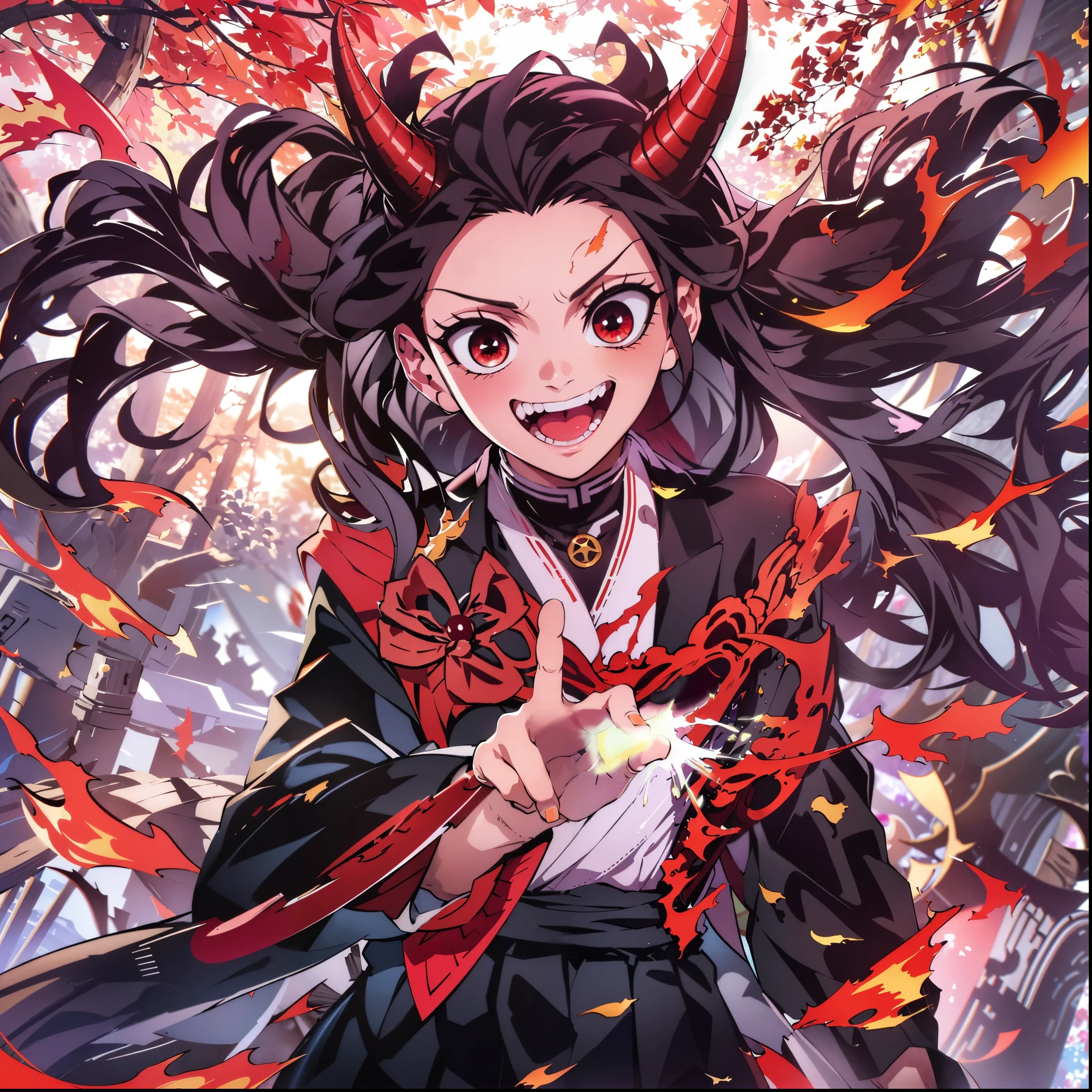 (masterpiece, best quality:1.2), kimetsu no yaiba style, kamado nezuko, (1girl, solo), 18years old, upper body, sailor suit, (black long hair, wave hair), forehead, (red demon horns, red eyes), (evil smile:1.2), long fangs, victory sign, (park background:1.3)