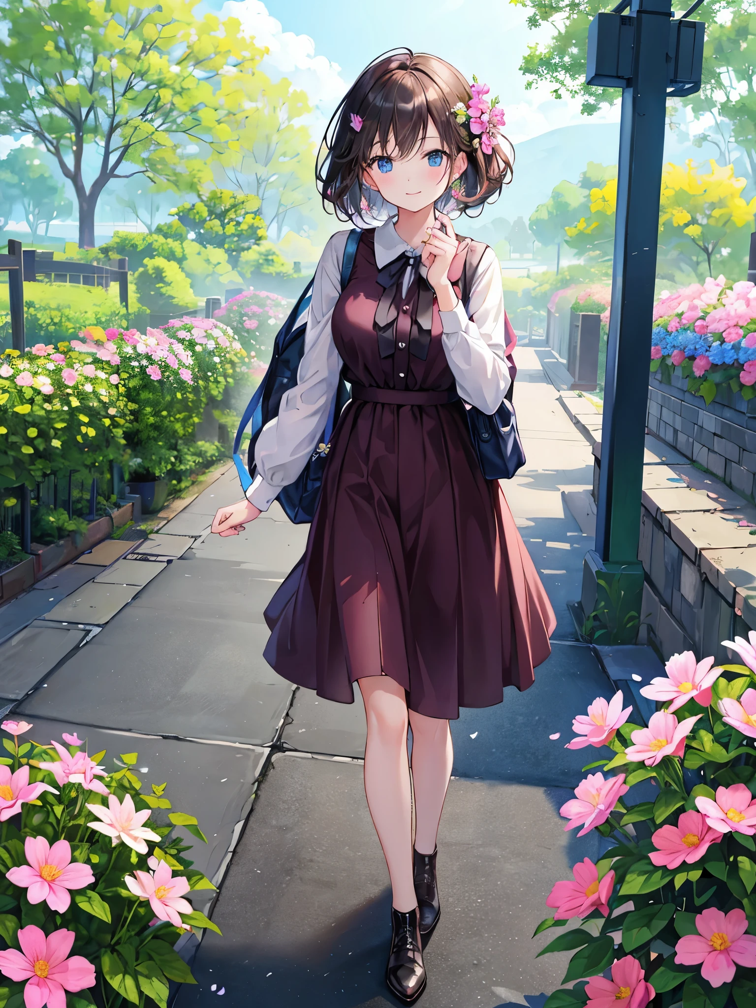 High resolution,professional lighting,Incredibly attractive girl,Enjoy a walk with an adorable puppy,,Enjoy a beautiful spring ride surrounded by lots of beautiful flowers and natural scenery,A lot of flowers are blooming、master parts,highest quality, (happy:1.4)