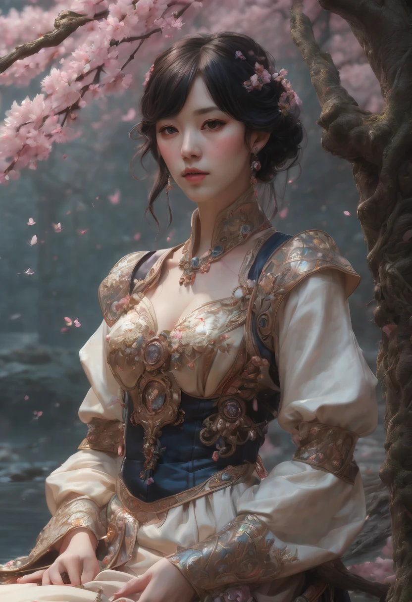 1girl, The Sakura Maiden, Treehouse built in a Cherry Blossom Tree, a very intricate and hyper-detailed oil painting by Daniel F Gerhartz, Clint Cearley, Eve Ventrue, volumetric lighting, gorgeous, swirling ornamentals, fluid acrylic, elegant gradients, photorealistic, a masterpiece, trending on Artstation, triadic colors, Epic cinematic brilliant stunning intricate meticulously detailed dramatic atmospheric maximalist digital matte painting, aesthetic