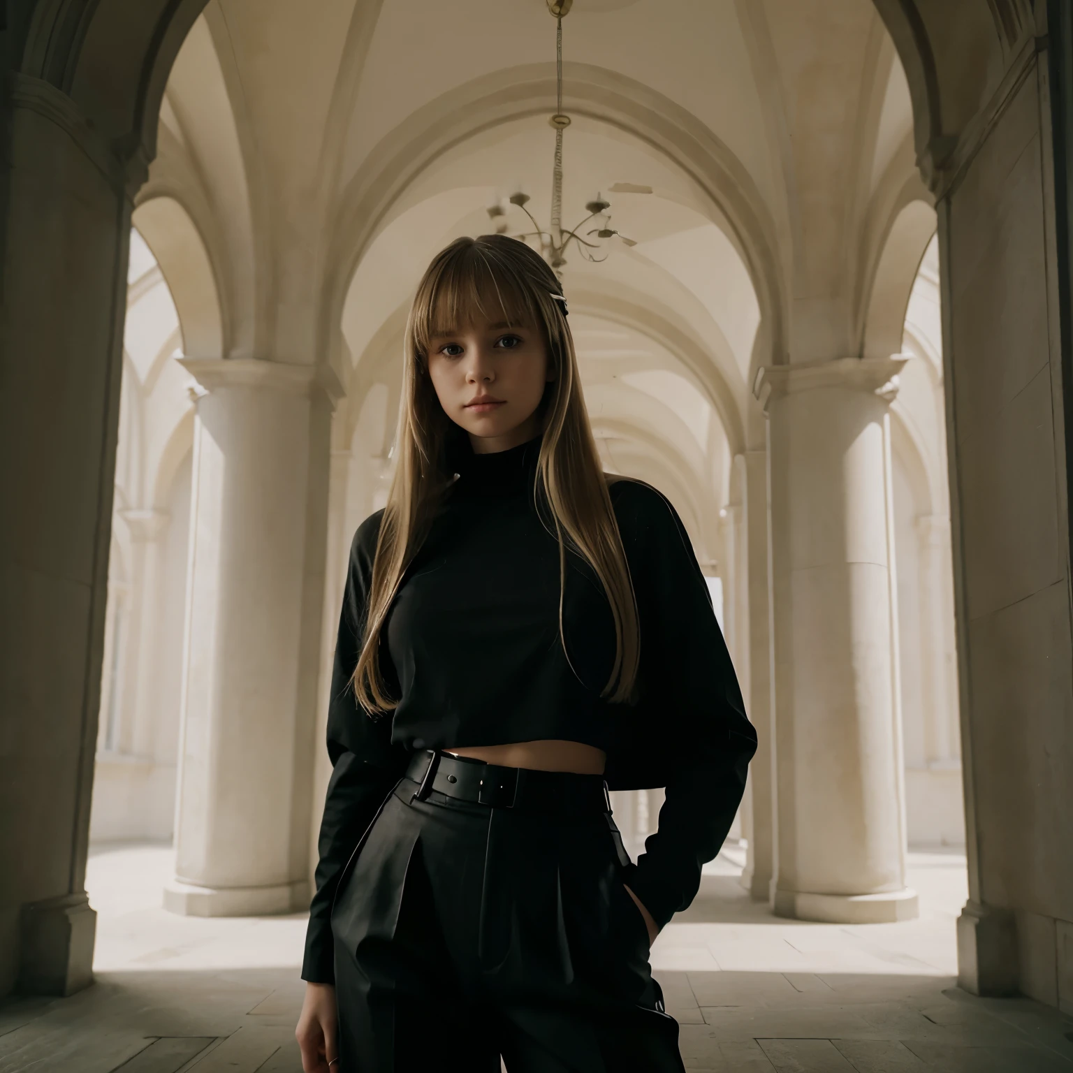 kid girl with blonde long hair with bangs wearing a white turtleneck and black pants outside an blacked out elegant castle on a foggy day, Aesthetic luxury, old money vibes, dark luxury Aesthetic, black aesthetic luxury
