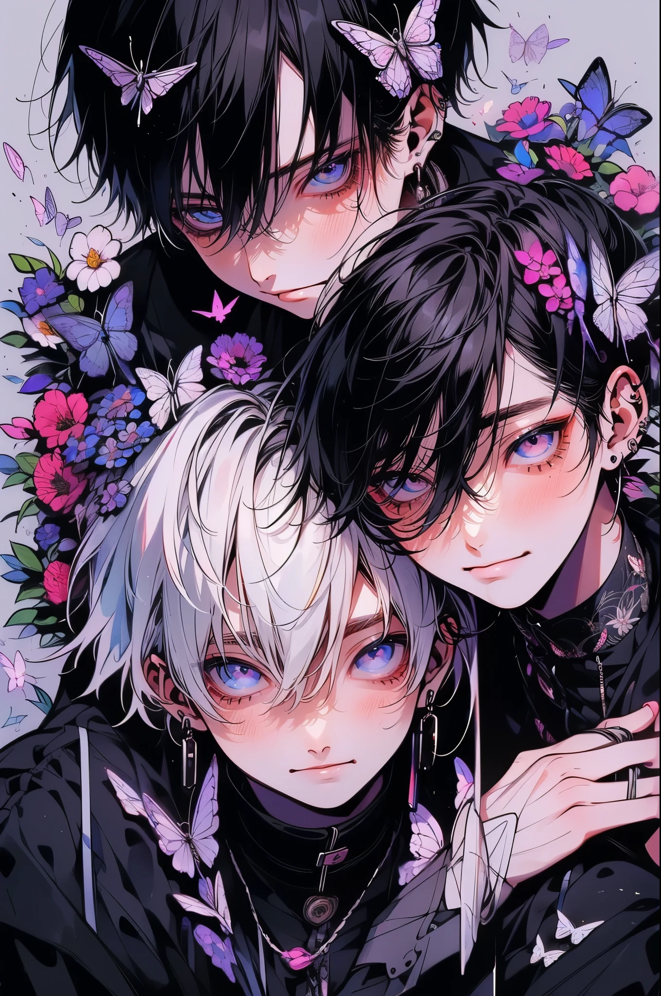 (muste piece), (highest quality), very detailed, (2 men in their 20s:1.4), perfect face, beautiful face, very detailed顔，flower，butterfly々，(smile:1.3)，(black haired man:1.4)，(white haired man:1.4)，shirt