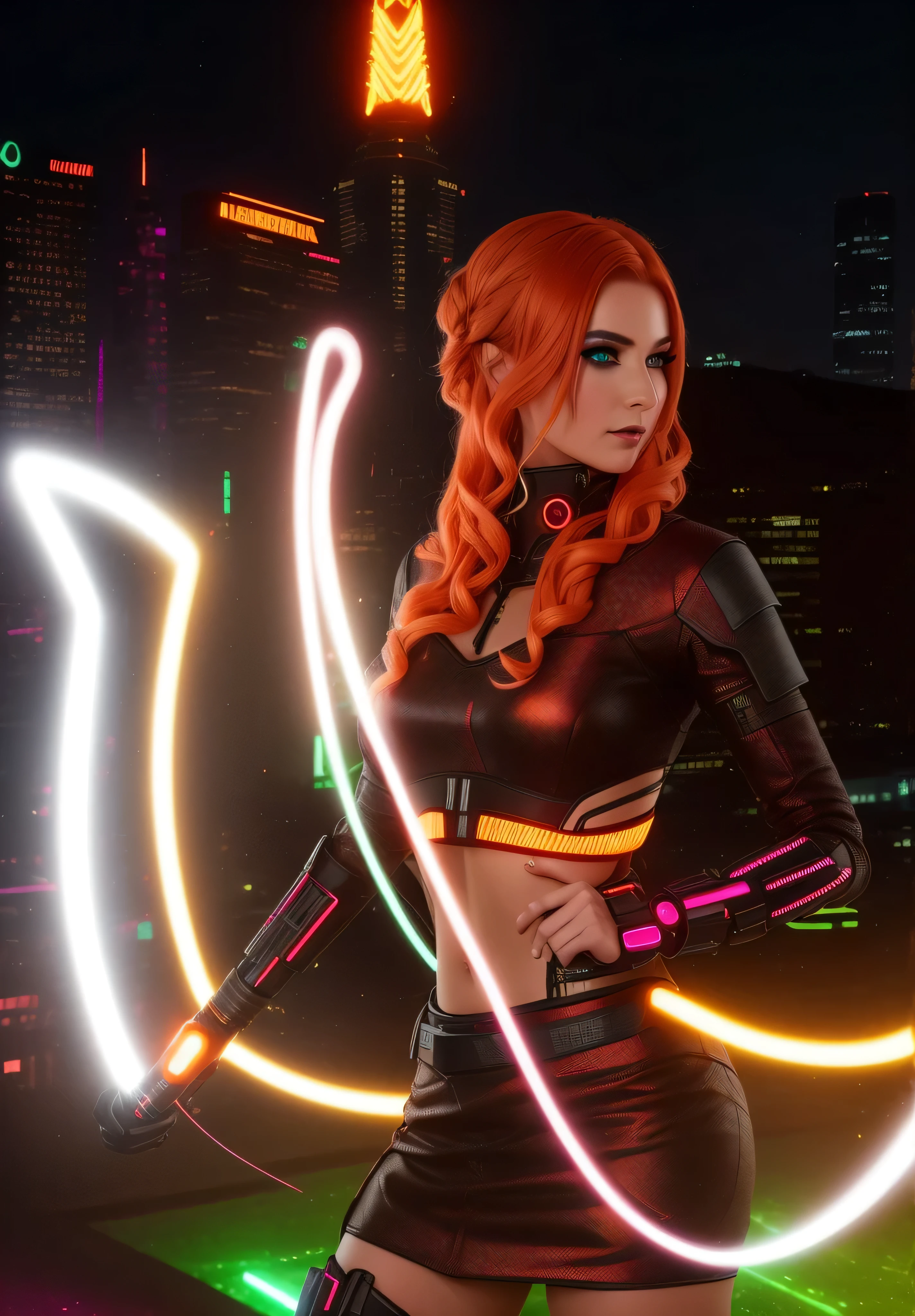 In einer Stadt steht eine Frau mit roten Haaren und einem Kleid, Held stellt bunte Stadtbeleuchtung dar, Meerjungfrau-Cyborg mit einer Laserpeitsche, Leeloo-Outfit, Cyberpunk angry beautiful goddess, orange leuchtendes Haar, unwirklicher Motor : : Rave-Make-up, ein flammendes Schwert schwingend, bright cyberpunk glow, Eine Peitsche schwingen, with glowing runes on the body, Sie hat Feuerkraft, Pose liegend,