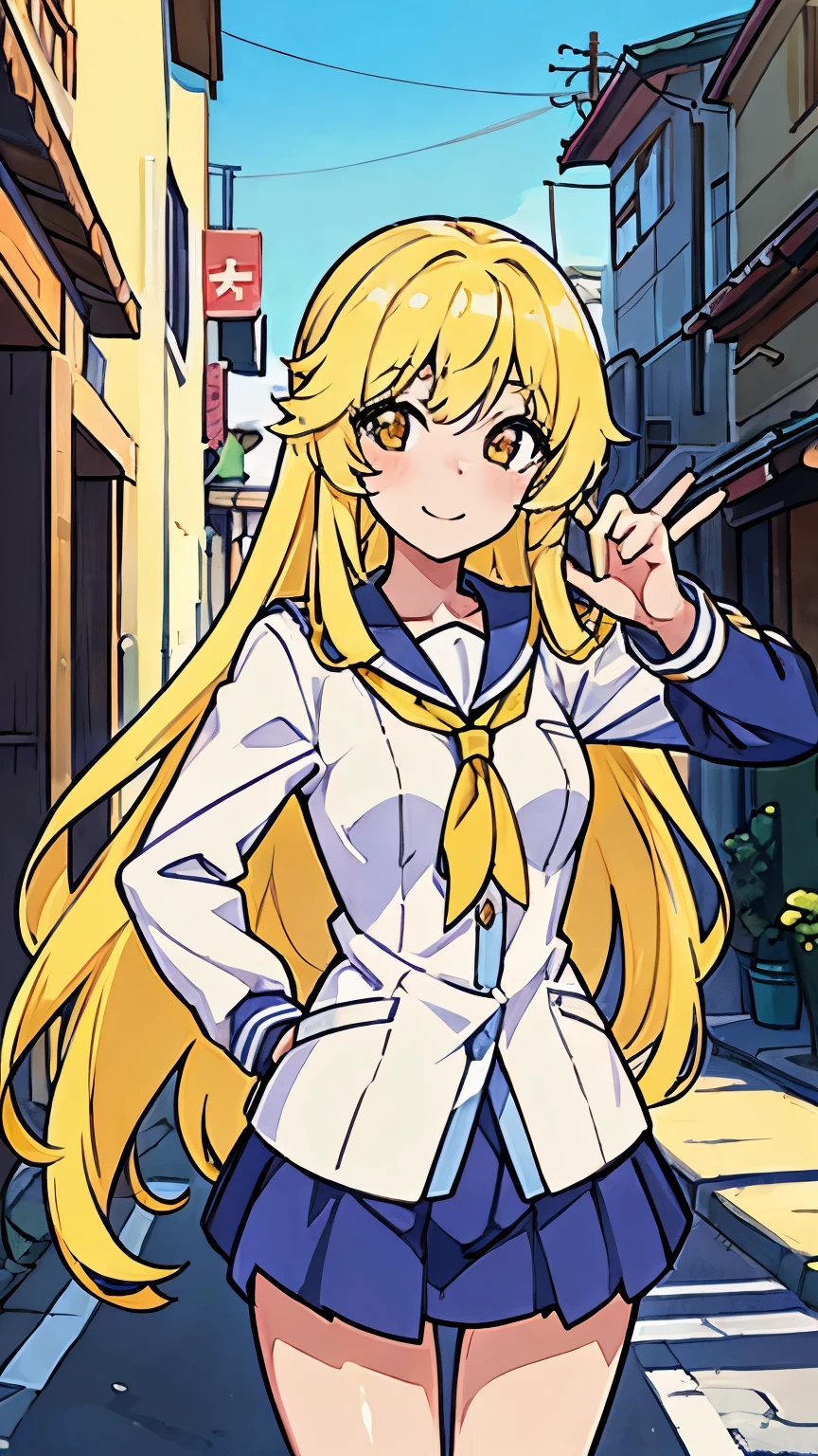 Erika Natsumi, teenage girl, long straight yellow hair, smile, beautiful, sexy, medium breasts, background in the city of Shishio Campilinez in the morning.