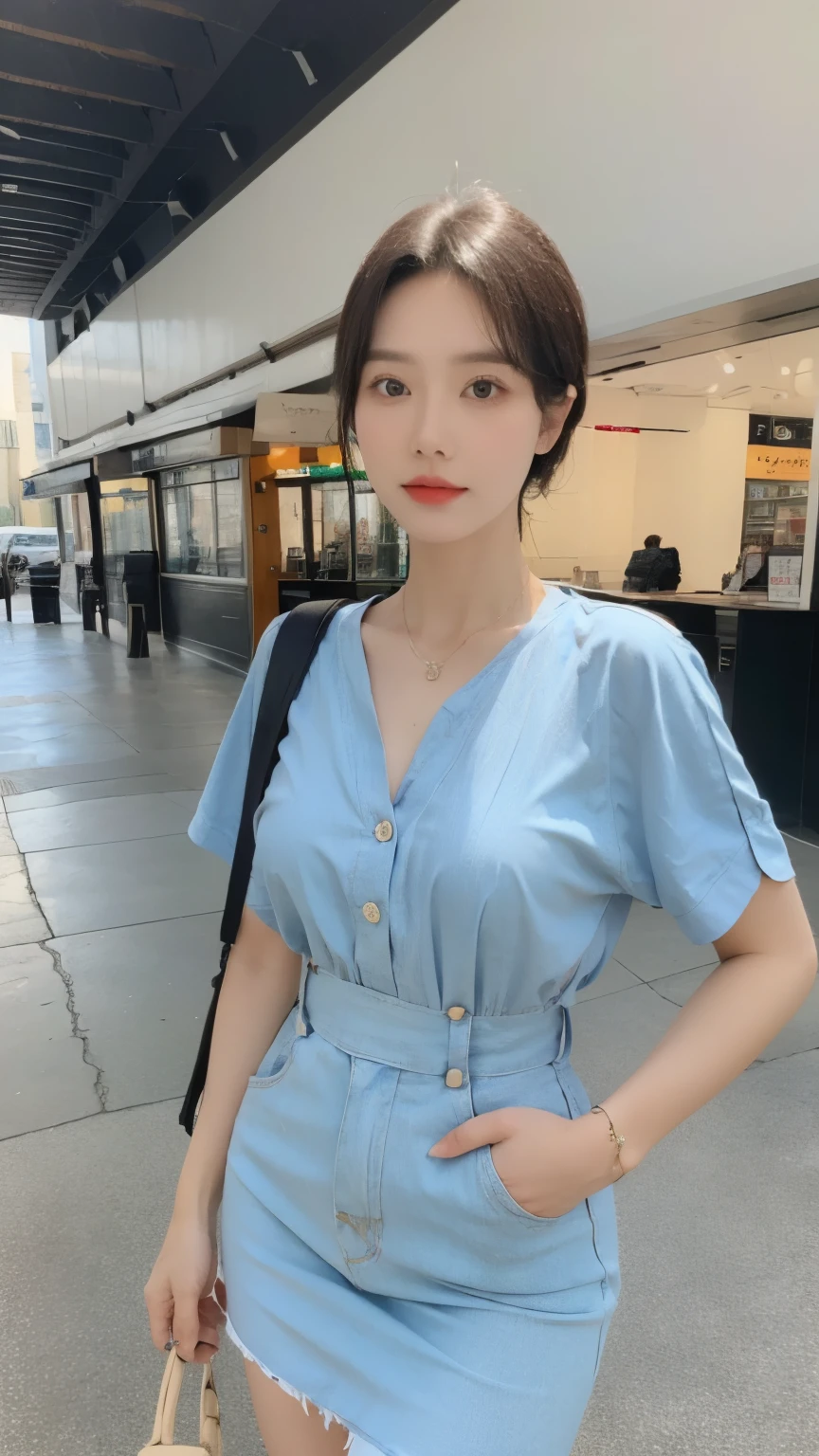 individual，young girl，23 years old, （（dress）），fine hair, Detailed faces, plump figure, Short hair details, Look up, There is a beauty mole， Taikoo Li，Standing whole body，