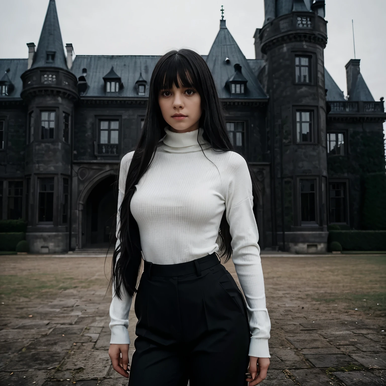 kid girl with black long hair with bangs wearing a white turtleneck and black pants outside an blacked out elegant castle on a foggy day, Aesthetic luxury, old money vibes, dark luxury Aesthetic, black aesthetic luxury