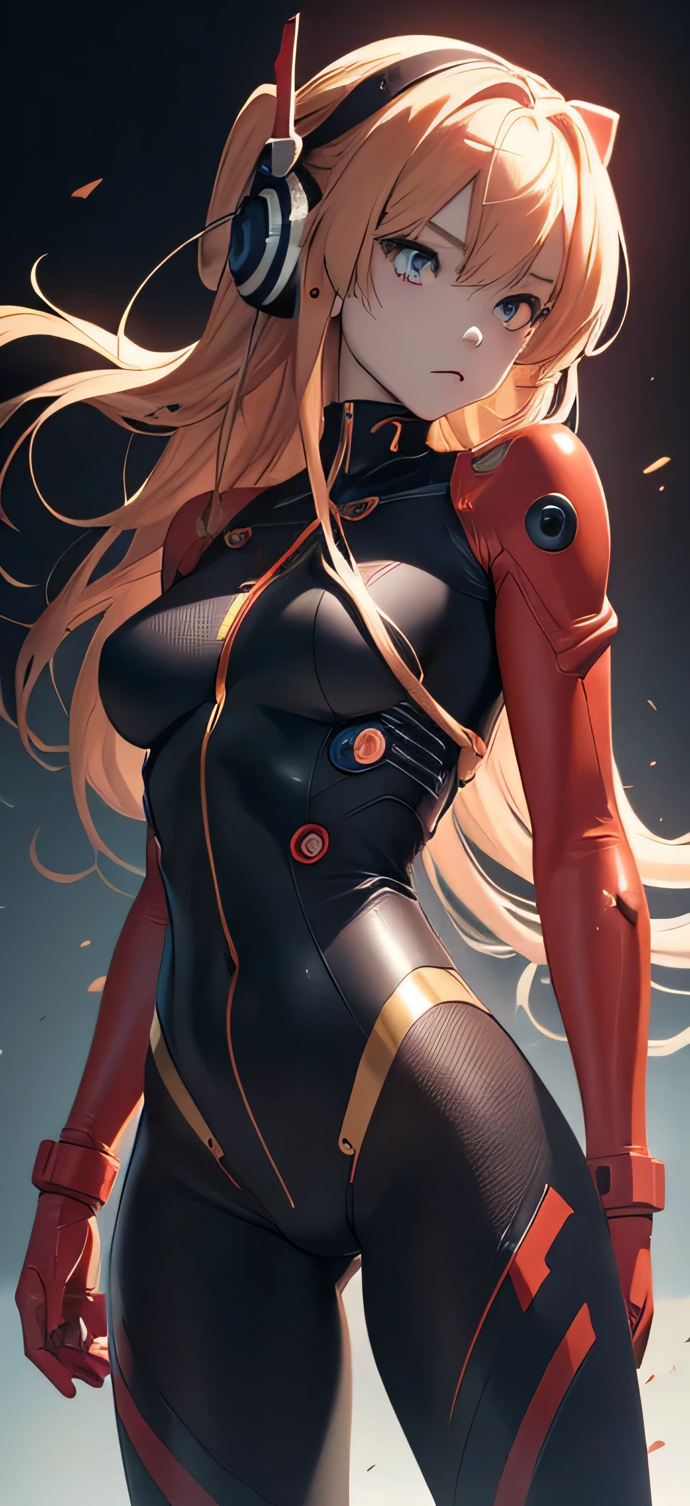 official art, Unity 8K wallpaper, ultra detailed, beautiful and aesthetic, masterpiece, best quality, realistic, Full body Shot, skindentation, souryuu asuka langley, headset interface, bodysuit under clothes, detailed eyes, detailed face, detailed hair, black background, straight-on, looking at the viewer, shiny
