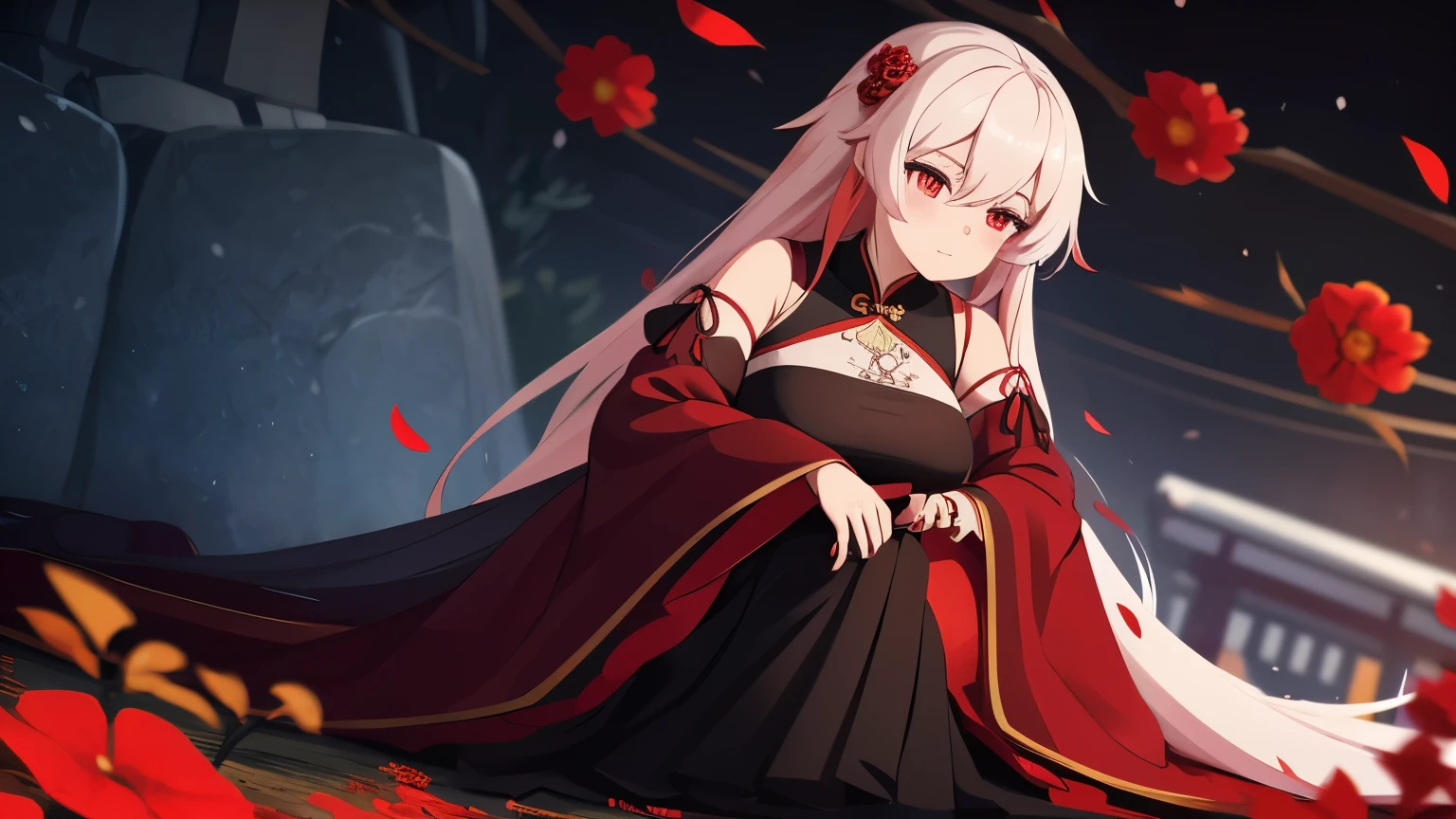 anime girl in a red and black dress with red flowers in her hair, artwork in the style of guweiz, guweiz, chinese girl, trending on cgstation, cute anime waifu in a nice dress, guweiz on pixiv artstation, palace , a girl in hanfu, beautiful digital artwork, guweiz on artstation pixiv