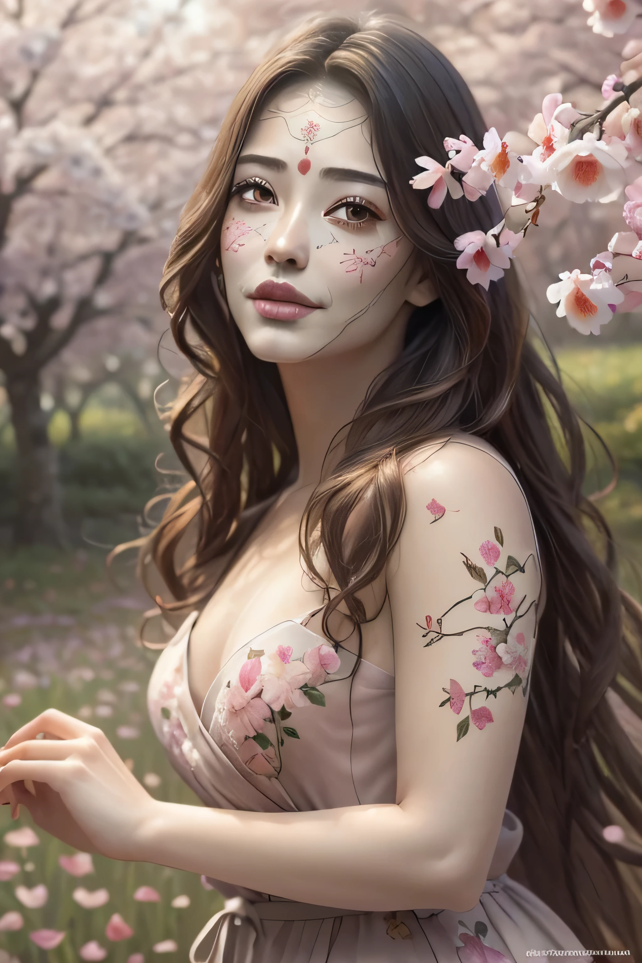 (best quality,4K,8K,high resolution,chef-d&#39;artwork:1.2),ultra-detailed,(realistic,photorealistic,photo-realistic:1.37),Beautiful detailed eyes,beautiful detailed lips,Extremely detailed eyes and face,long cils,fille dans un jardin,moyen:oil painting&#39;huile,fond naturel,Cherry blossom petals,doux soleil,expression sereine,robe fluide,light scent, brise,colorful flowers,Papillons dansant,couleurs subtiles,travail au pinceau délicat,Style d&#39;art japonais traditionnel,harmonie avec la nature,atmosphère paisible