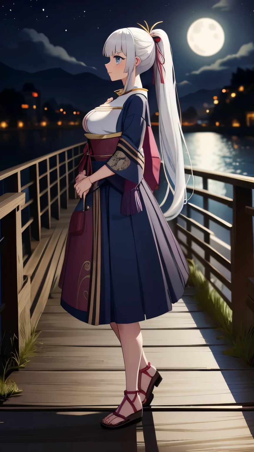 1girl, solo, long hair, looking at viewer, blue eyes, nervous, large breast, thick thighs, beautiful face, beautiful eyes, kimono, blush, white hair, long hair, ponytail, parted lips, forest, standing on a wooden bridge, full body, night moon light