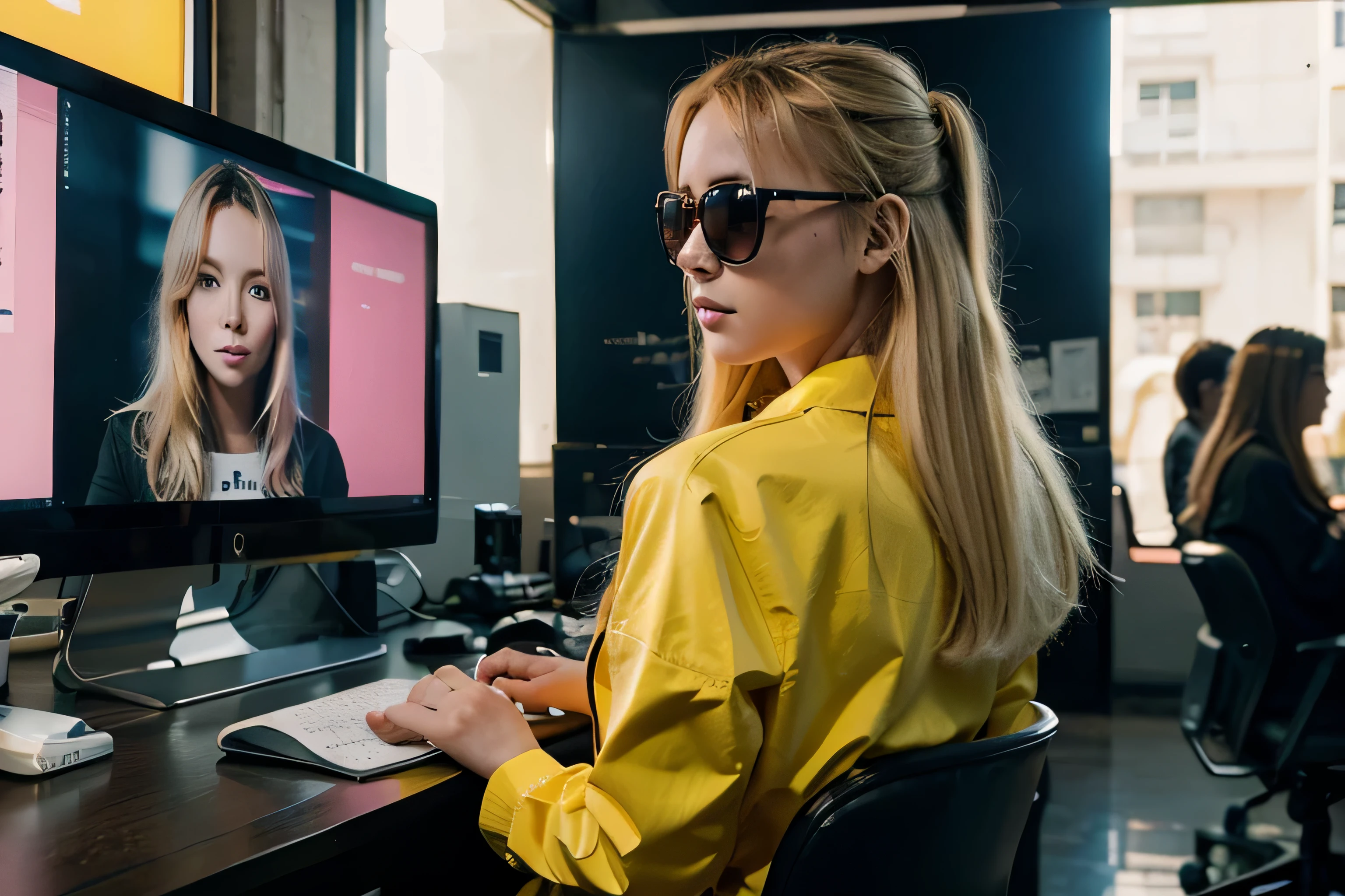 I want an image where you present a stylish girl blonde-hair aged 18-25, full back view, with sunglasses, who is seen from the back while working at a computer, the background being science fiction, inspired by artificial intelligence. in the style of yoh nagao, lively tavern scenes, outdoors and, yellow and pink, drugcore, cult party kei, fragmented advertising, playful use of line.