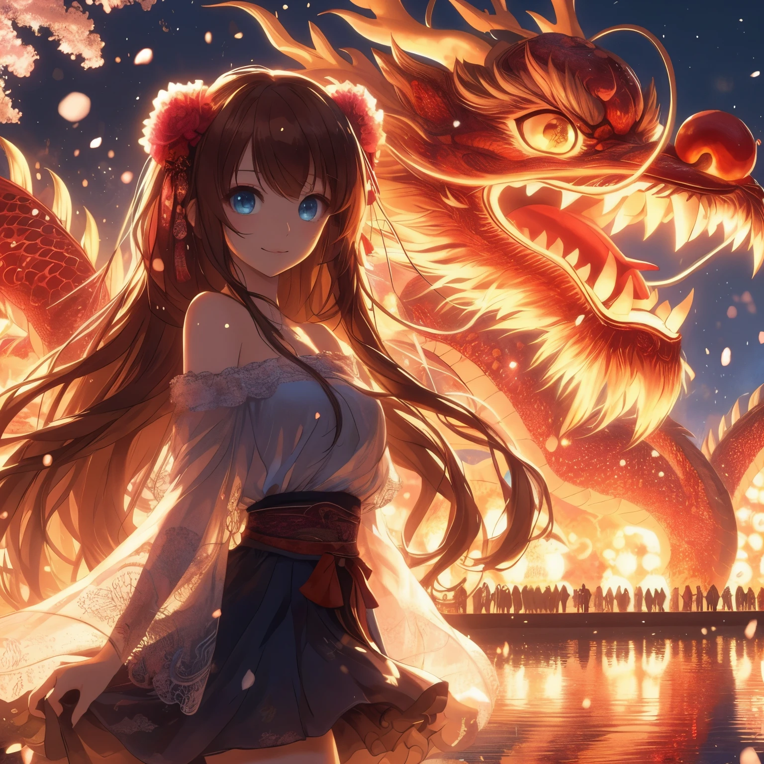 Anime girl with long hair and blue eyes standing in front of the dragon, anime style 4k, anime art wallpaper 4k, Anime Art Wallpaper 4k, anime art wallpaper 8k, 4kanime wallpaper, anime wallpaper4K, anime wallpaper4k, 4k comic wallpaper, hd anime wallpaper, Anime fantasy artwork, anime wallpaper, 超高清anime wallpaper
