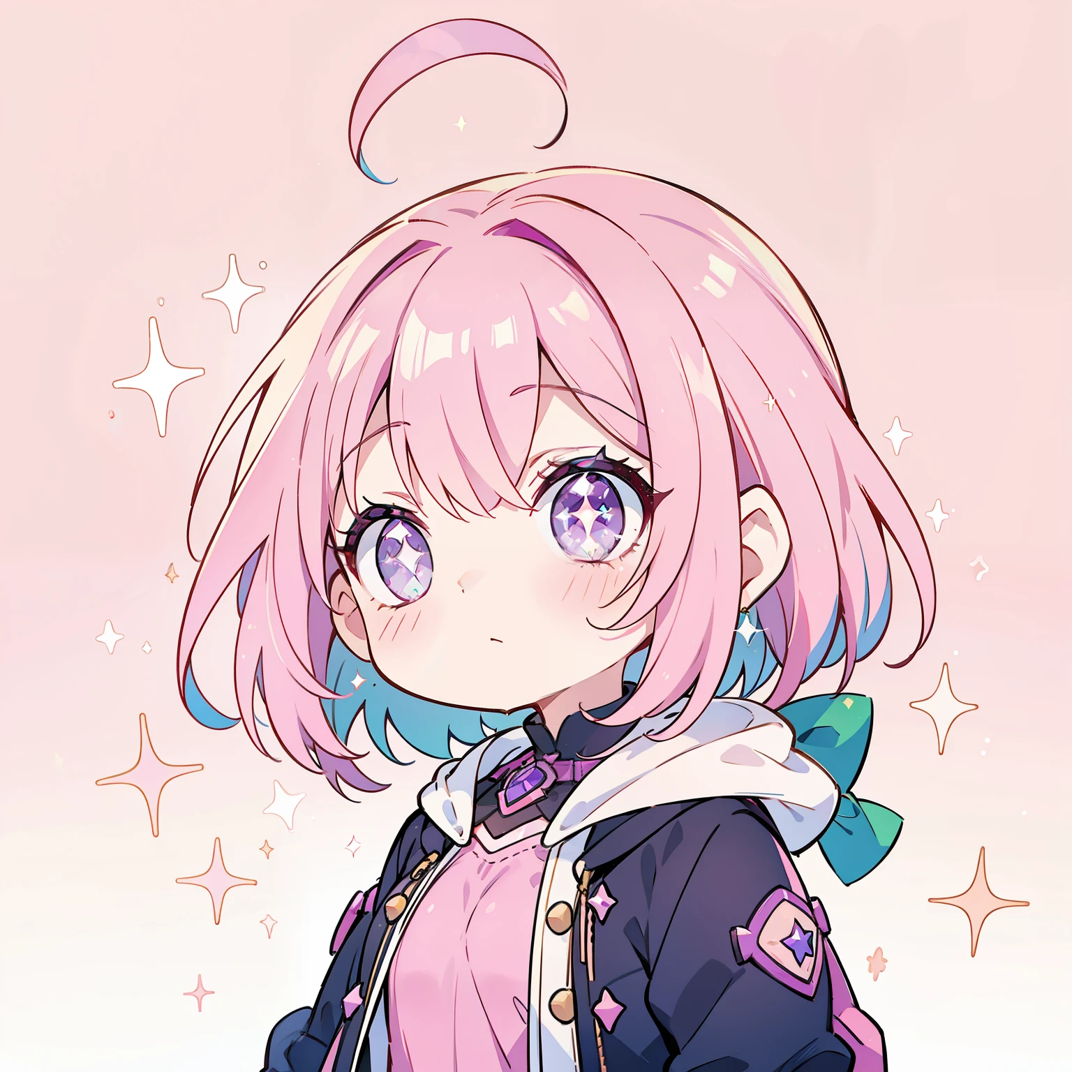 with sparkling purple eyes, pink hair, a green streak of hair, headshot, sparkly background
