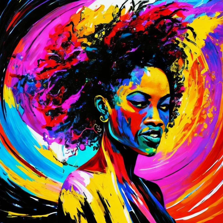 An abstract depiction of a black woman, in her forties, with untamed, jet-black hair, boldly showcases her strength and resilience through dynamic brushstrokes and vivid colors. The artwork radiates a strong sense of power and determination, embodying the indomitable spirit of black women. Suitable for a contemporary and empowering wall art piece, this abstract representation is rich in emotion and vibrancy. The bold colors and expressive brushstrokes bring the viewer on a journey of empowerment and celebration of black womanhood. The abstract style amplifies the depth and complexity of the subject's inner strength and invites the viewer to connect with the powerful essence of the artwork. This