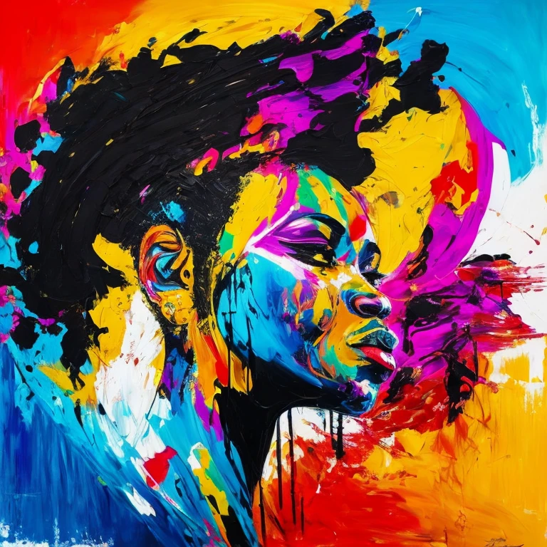 An abstract depiction of a black woman, in her forties, with untamed, jet-black hair, boldly showcases her strength and resilience through dynamic brushstrokes and vivid colors. The artwork radiates a strong sense of power and determination, embodying the indomitable spirit of black women. Suitable for a contemporary and empowering wall art piece, this abstract representation is rich in emotion and vibrancy. The bold colors and expressive brushstrokes bring the viewer on a journey of empowerment and celebration of black womanhood. The abstract style amplifies the depth and complexity of the subject's inner strength and invites the viewer to connect with the powerful essence of the artwork. This