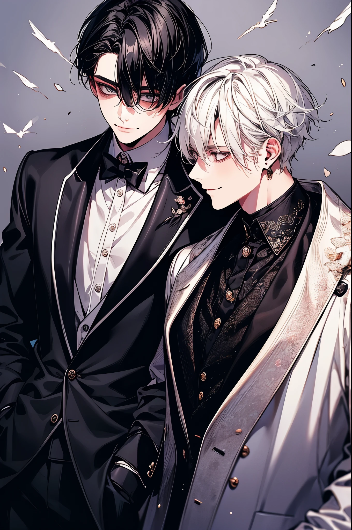 (Mastepiece), (Best Quality), Very detailed, ((Two friendly men:1.5)), Perfect Face, Beautiful Face, Very detailed顔,(Black Haired Man:1.3),(Man with white hair:1.3),suit,shirt