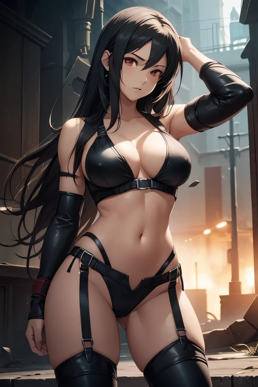 tifa lockhart, final fantasy, fair skin, long dark hair, red eyes, ((detailed eyes:1.2)), large breasts, wearing bikini, sexy, sensual, sleeveless, sideboob, underboob, masterpiece, top quality, best quality, official art, beautiful and aesthetic:1.2), extreme detailed, colorful, highest detailed