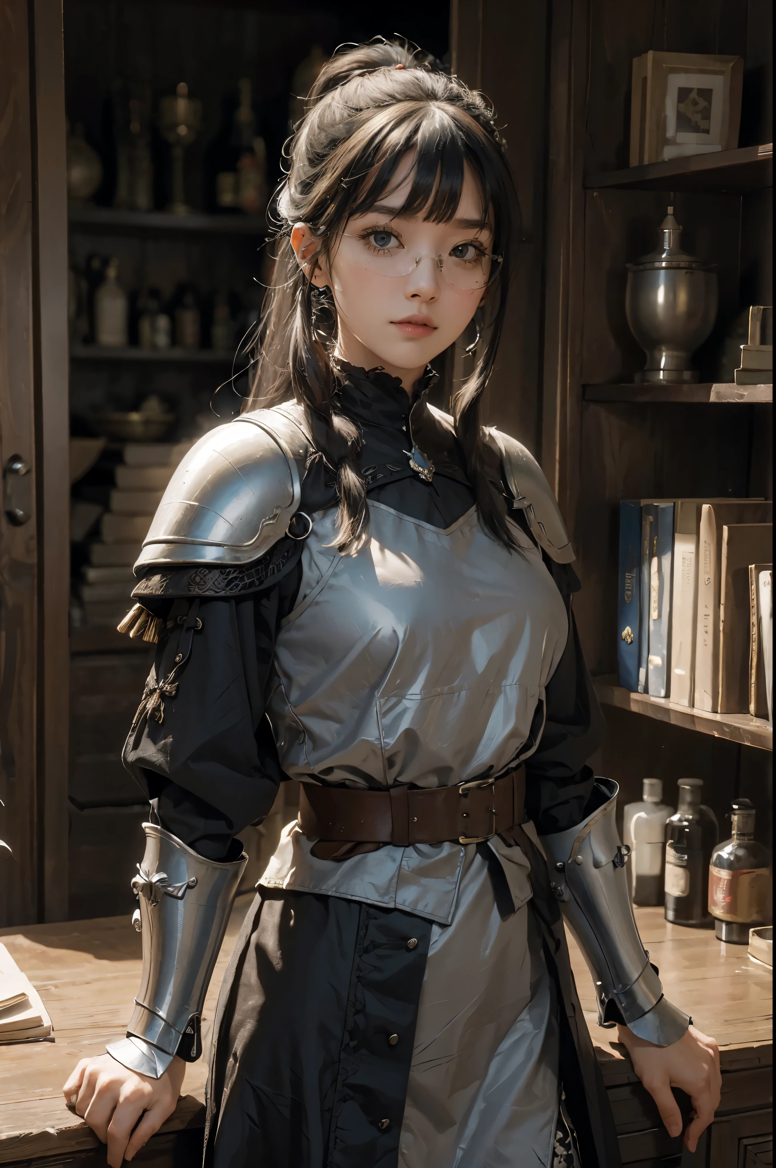 ((Wide angle view of the Hundred Years' War in France)), beautiful young woman, black hair in a ponytail, smooth, wear glasses, สวมชุดเกราะของ Jeanne d'Arc