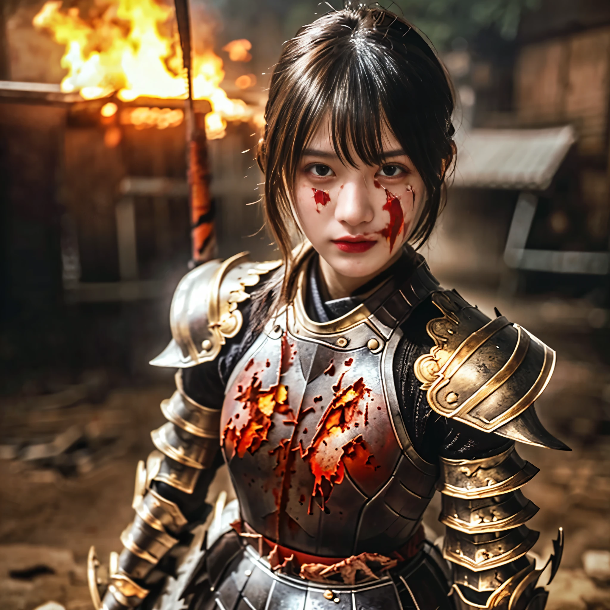 (((high-detail, masterpiece, Attention to detail, crisp detail, sharp image, high definition image, 8k, realistic, beautiful, full body photograph))), perfect studio lightning, 18 years old, delightful face, ideal body, virgin, long smooth straight hair, tied behind, large breast, wearing japan heavy armor, majestic decorated golden armor, full body armor, japan style armor, blood scattered armor, swinging blood scattered sword, samurai pose, sweating, blood stained face, bloodbath, fire everywhere, blood everywhere, death everywhere, epic battle, death battle background, battleground, carnage, war zone, warpath, japan edo period,