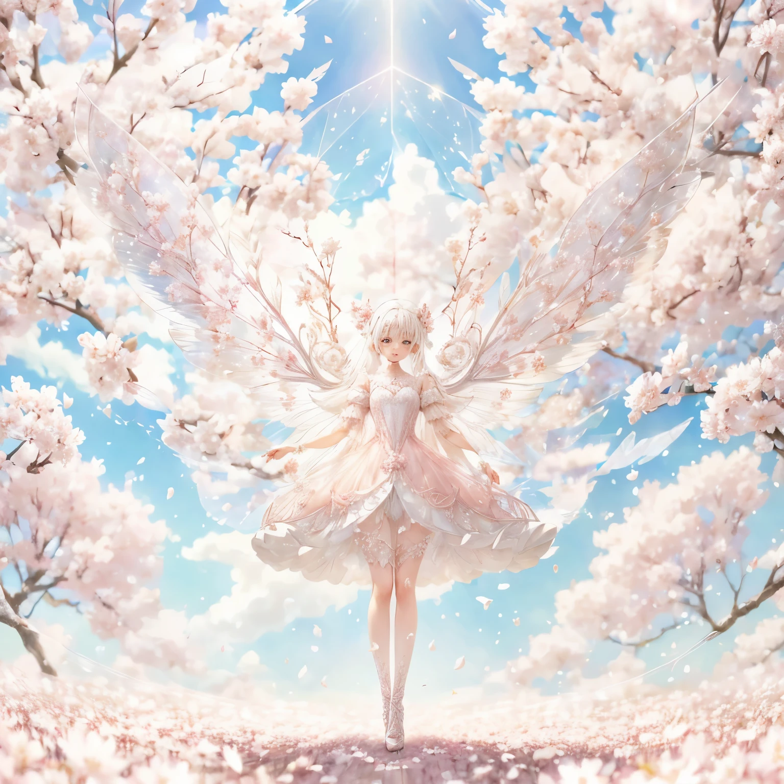 White-haired fairy wearing pink transparent sparkling diamond dress、on the sky，livestock，long legs，Symmetrical wings,magic，Sakura petals flying background，Sakura petals are floating in the air，（（（Sakura petals are flying all over the ground）））（（pastel tones））（best quality））， （（intricate details））， （（Surrealism））（8k）