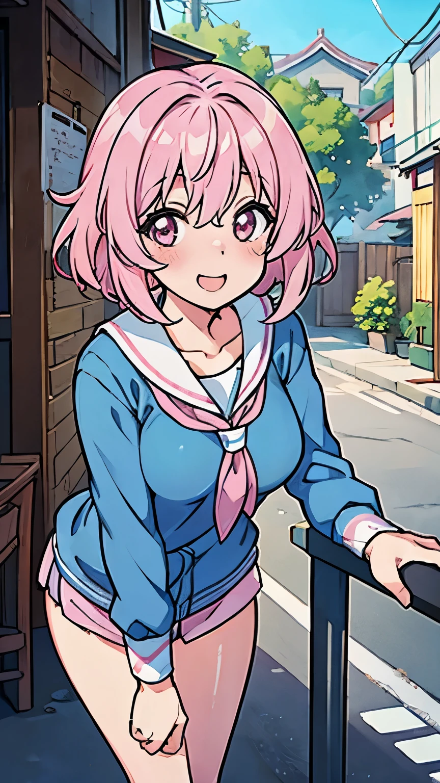 Aiko Hanatsumi, teenage girl, short straight pink hair, smile, cute, beautiful, sexy, medium breasts, background in the city of Shishio Campilinez in the morning.