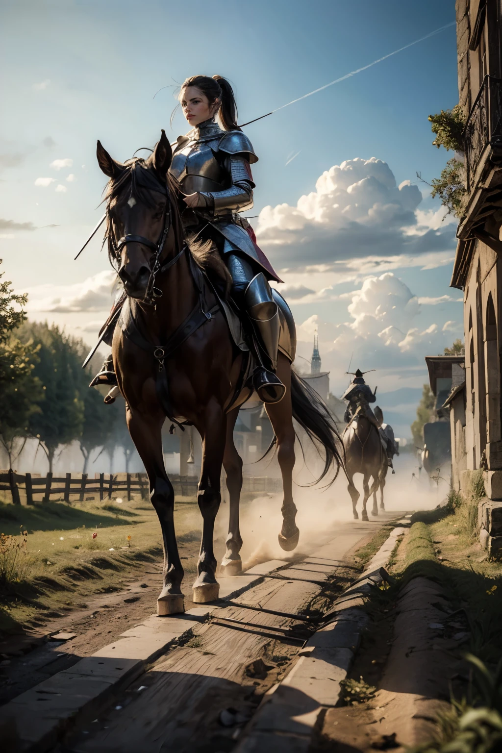 ((wide angle shot of the Hundred Years' War in France)), a beautiful woman, black hair in a ponytail, bangs, wearing glasses, wearing Jeanne d'Arc armor