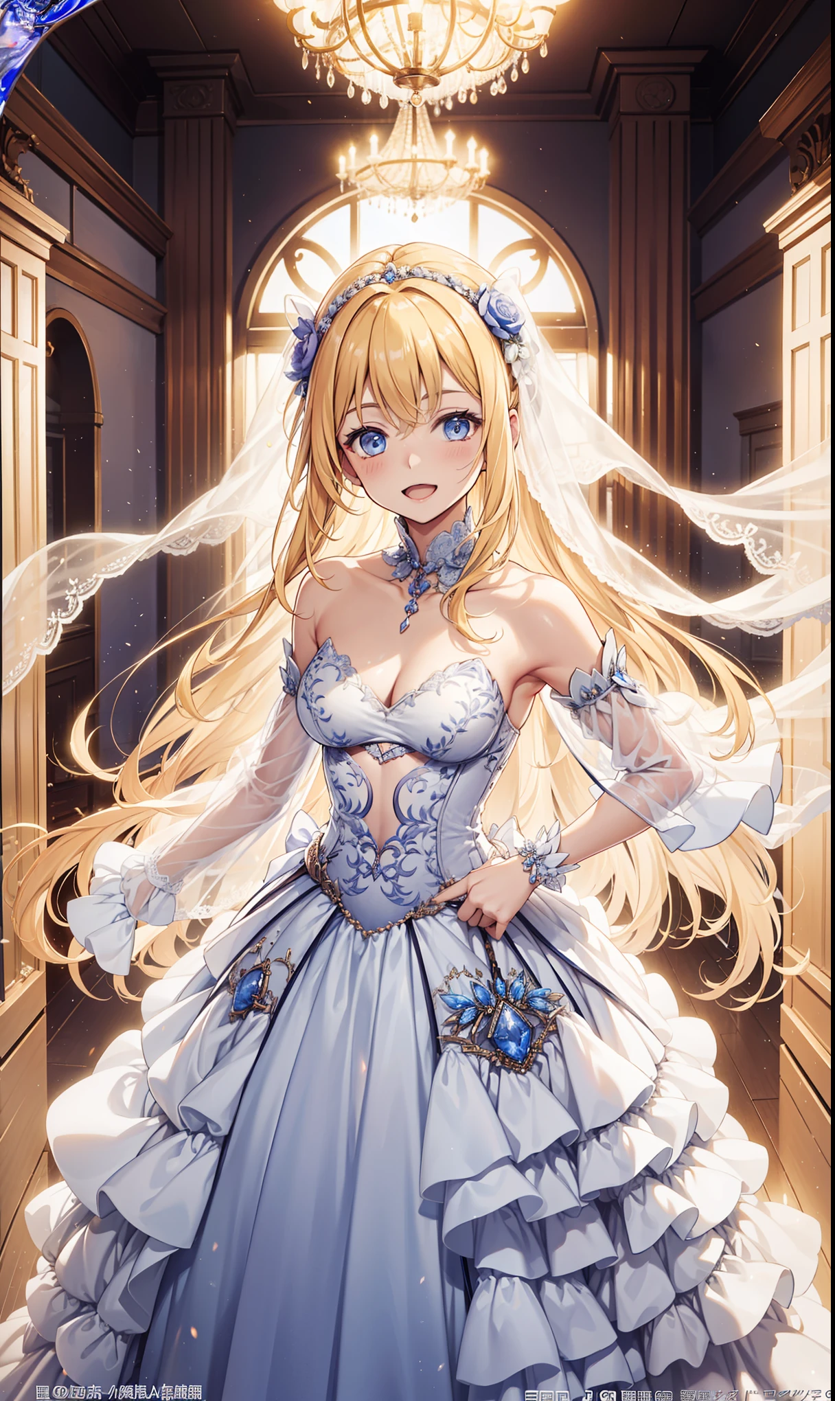 (masterpiece, best quality:1.2), 1girl, solo, long hair, blonde hair, blue eyes, crown, (bride), cleavage, smile, proud. cowboy shot, full body, indoors, palace, closeup <lora:Princess SD:0.8>
