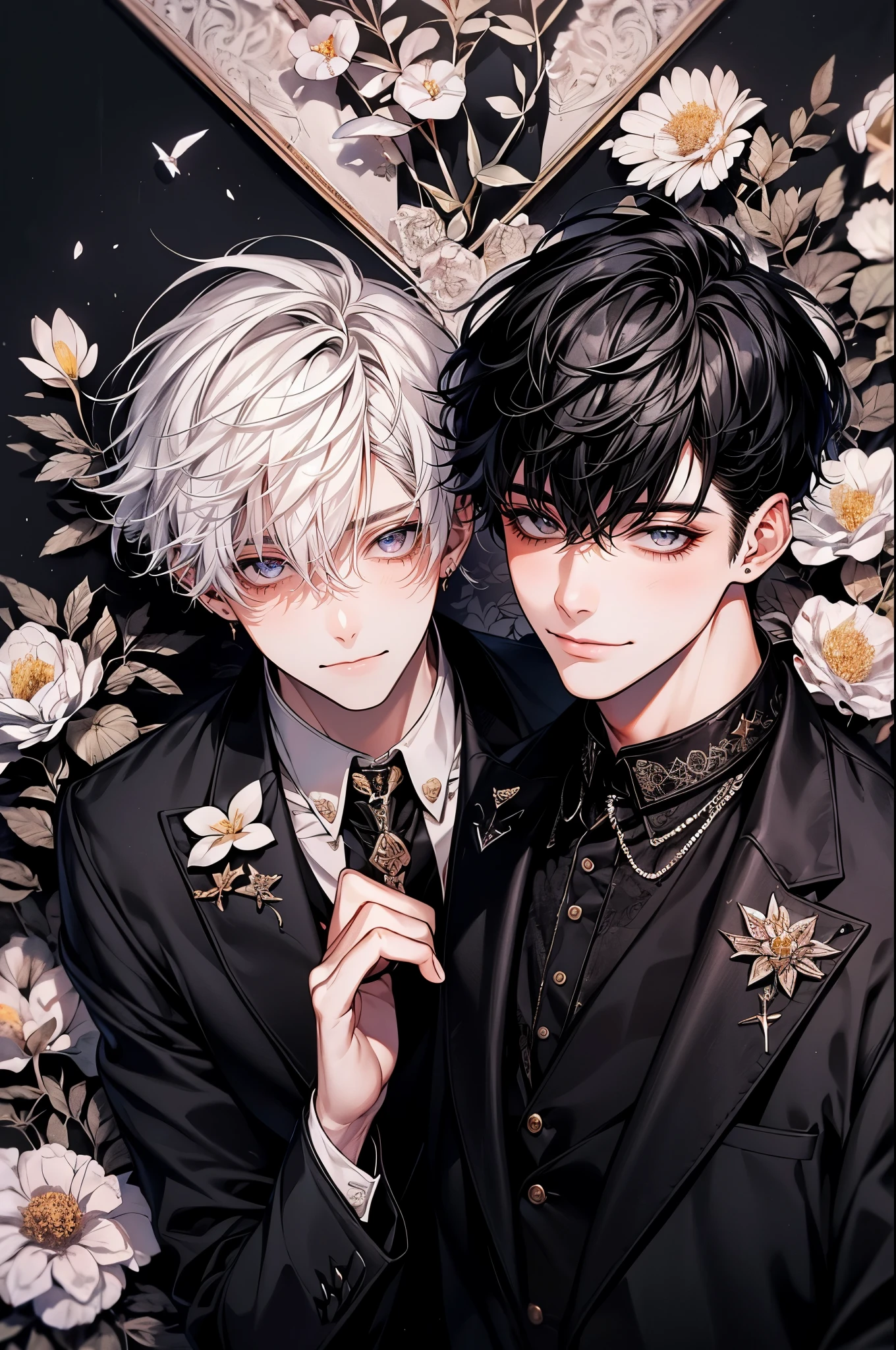 (pieces fly), (highest quality), very detailed, ((two men)), perfect face, beautiful face, very detailed顔，(black haired man:1.3)，(white haired man:1.3)，suit，shirt，smile，flower