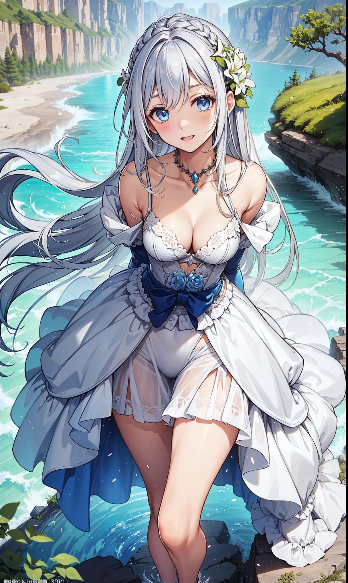 top quality,highest resolution,20 year old woman,charm,Mature,having fun,in love,great canyon,light white wedding dress,Lilac cloth,see through transparent clothes,exquisite clothing,A small amount of lace,the only person,Blonde,light blue eyes,night,Banquet hall