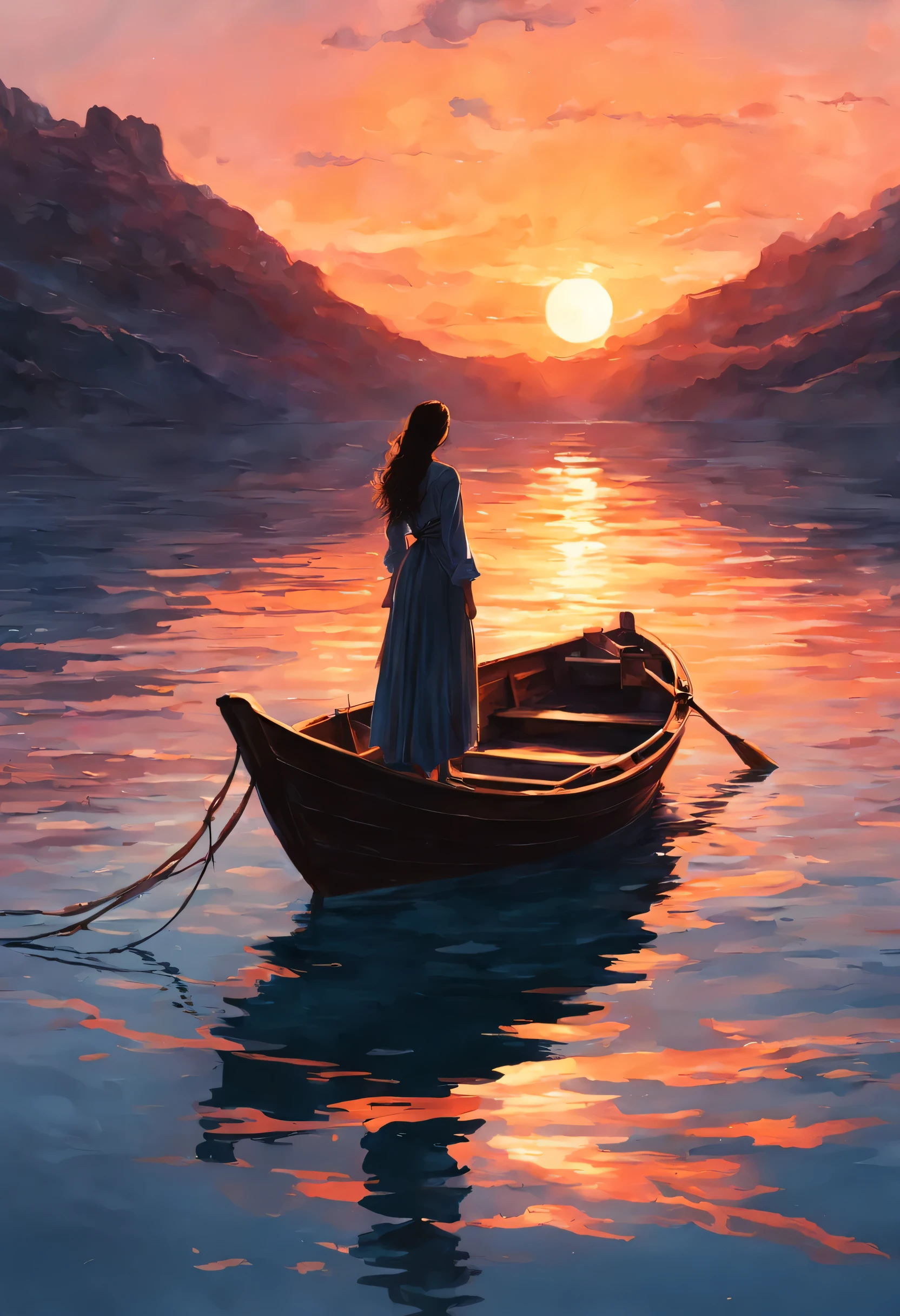 woman standing on a boat in the water, art of Alena Enami, Sunset illustration, style of Alena Enami, art. Alena Enami, inspired by Alena Enami, from Alena Enami, in style of digital illustration, Charlie Bowater: art style, style of Alena Enami, good night. digital illustration