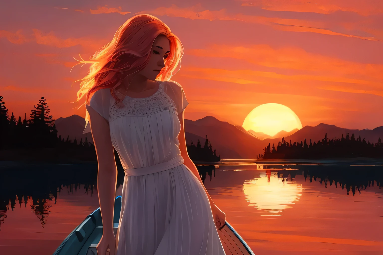 woman standing on a boat in the water, art of Alena Enami, Sunset illustration, style of Alena Enami, art. Alena Enami, inspired by Alena Enami, from Alena Enami, in style of digital illustration, Charlie Bowater: art style, style of Alena Enami, good night. digital illustration
