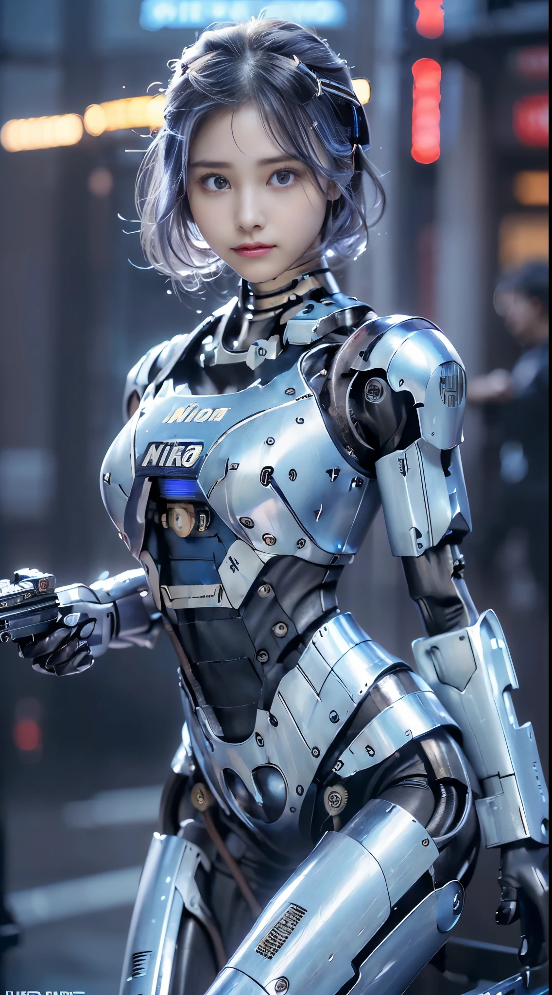 best ever、8k,(((Full body Esbian)))、(((plump breasts:1.3)))、(((luster)))、(((Metal)))、(((とてもlusterのある、Very hard armor:1.3)))、(((cyber punk)))、The cute beauty of the mecha、(highest quality, Detailed details, table top, chiaroscuro,big breasts、The bust photo is super realistic, Highly detailed Nikon videography:1.3)、beautiful navel、Human skin type、((very photorealistic person))、(round eyes)、The detail of the iris of the pupil is amazing、precise fingers、故障のない手feet、(((Caucasian 21 years old, woman)))、((Very fair skin))、natureに閉じた口、natureな乳輪、nature 、staring eyes、natureな体、baby face、womanらしい顔立ち、womanらしい体、(With a round face)、small face、soft cheeks、looking at camera、Full body Esbian、Human skin type、((very photorealistic person))、(round eyes)、The detail of the iris of the pupil is amazing、故障のない手feet、natureに閉じた口、natureな乳輪、nature 、staring eyes、natureな体、womanらしい顔立ち、womanらしい体、With a round face、small face、soft cheeks、looking at camera、Full body Esbian、balanced face、drooling eyes、(that'Not eyes that will blind you.)、Body with human-like proportions、(((slightly longer arms)))、(fairly long torso)、(((slightly larger hands)))、human face、(((Shining blue light blue silver hair)))、(((cool and cute short hair)))、(((The background is the future)))、(((8 heads and bodies)))、(((purple eyes)))、(((thin, thin silver eyebrows)))、(((thin eyebrows)))、Gentle double eyelids、(((kind face)))、(((Background Mecha)))、blade runner、(((Possession of a machine gun:1.5)))、(((Machine gun firing:1.4)))、(((Hold a machine gun:1.6)))、(((womanロボコップ:1.3)))、ghost in the shell、tron、space detective gavan、knock、police officer、(((night background)))、(((no makeup)))、(((Hollywood science fiction movie quality)))、(((New York in 5000 AD)))、((teal and orange))、height: 164cm、Leg length 80cm、Head length is 21cm、,very subtlyXfeet、(((attack posture:1.9)))、(((激しいattack posture:1.9)))、(((Raise your right arm:1.9)))、(((A large amount of red light rays from the glowing chest:1.9)))、(((being destroyed:1.9)))