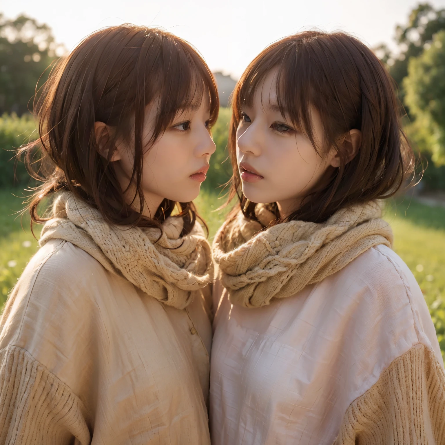 identical twin sisters kissing and 8k, highest quality, masterpiece, realistic, Super detailed, photo realistic, Improvement of quality, 
Photo of a girl standing in a field with a scarf, In a dark and brooding designer style, voluminous mass, photo bash, calm face, jagged edges, navy, beauty of nature, close up shot
