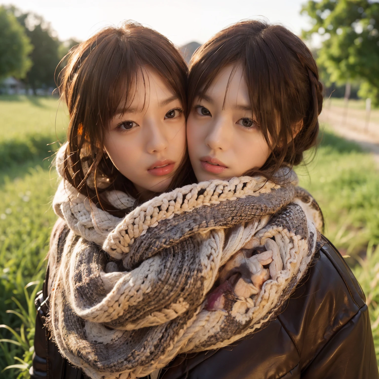 identical twin sisters kissing and 8k, highest quality, masterpiece, realistic, Super detailed, photo realistic, Improvement of quality, 
Photo of a girl standing in a field with a scarf, In a dark and brooding designer style, voluminous mass, photo bash, calm face, jagged edges, navy, beauty of nature, close up shot
