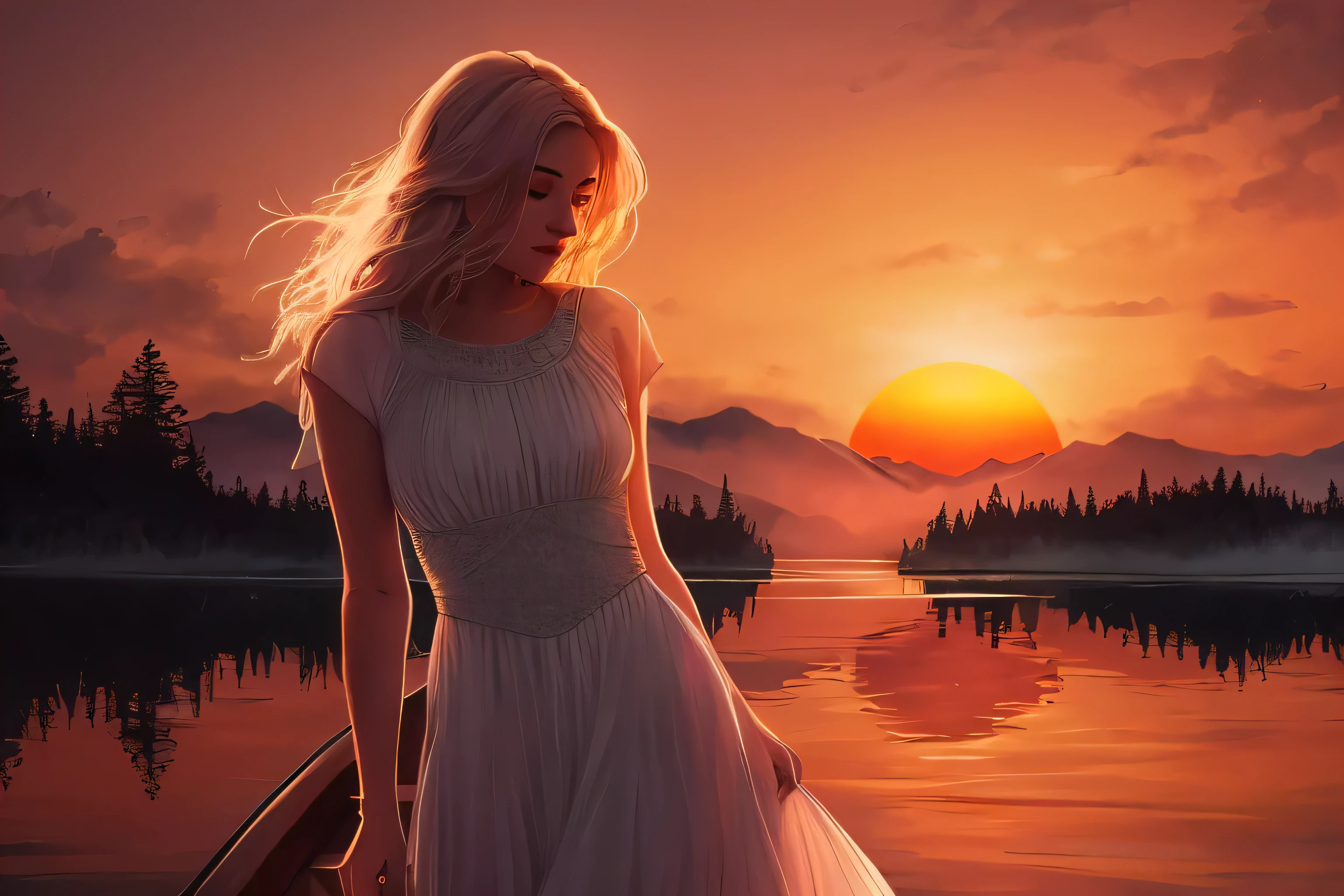 woman standing on a boat in the water, art of Alena Enami, Sunset illustration, style of Alena Enami, art. Alena Enami, inspired by Alena Enami, from Alena Enami, in style of digital illustration, Charlie Bowater: art style, style of Alena Enami, good night. digital illustration