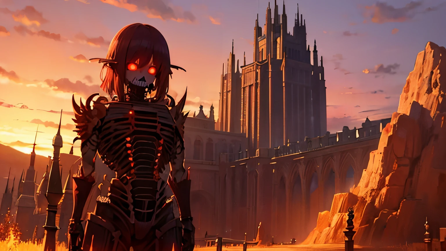 fantasy world, Beautiful sunset, huge titan skeleton, eyes glow red