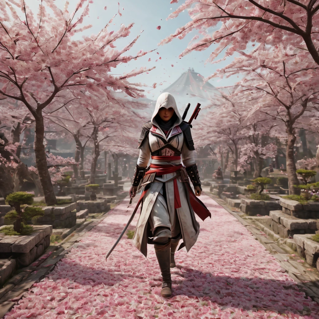 smooth lines; Assassins's creed in feudal Japan, a sakura garden, a woman dressed in japanese assassin's creed outfit. creeps through the garden. falling sakura petals.  (best quality, 8k, high resolution,masterpiece:1.2), Super detailed