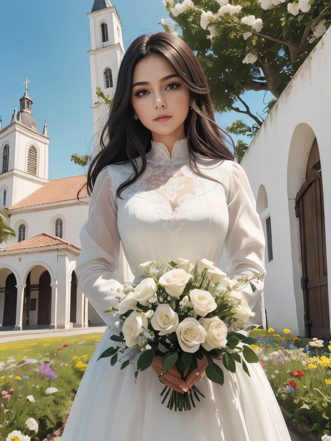 Beautiful girl, 30 anos, longos cabelos loiros, rosto bonito e detalhado, majo, vestido de noiva, background in a square with flowers and a church in the center, Imagem ALTAMENTE DEFINIDA em 8k