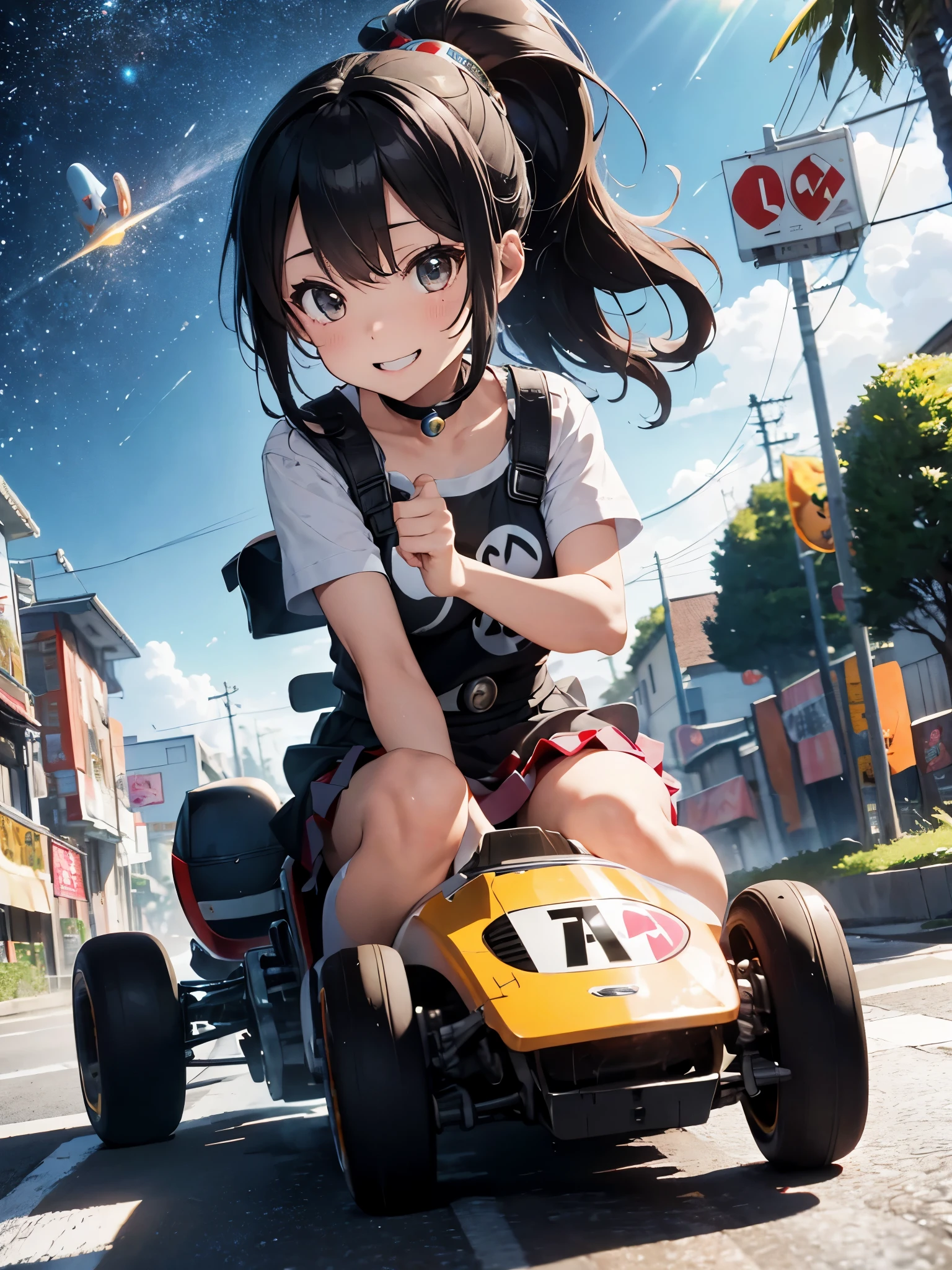 official art, unity 8k wallpaper, super detailed, beautiful beautiful, masterpiece, highest quality, (tangleた, tangle, tangle), 1 girl, black haired,ponytail、 girl wearing headphones、Ride a go-kart、driving席、((((Mario Kart、))))smile、Runaway Japanese, bare shoulders, short skirt, calf、knee high socks, very detailed, dynamic,、driving、Bakusou、ハンドルを掴んでdriving