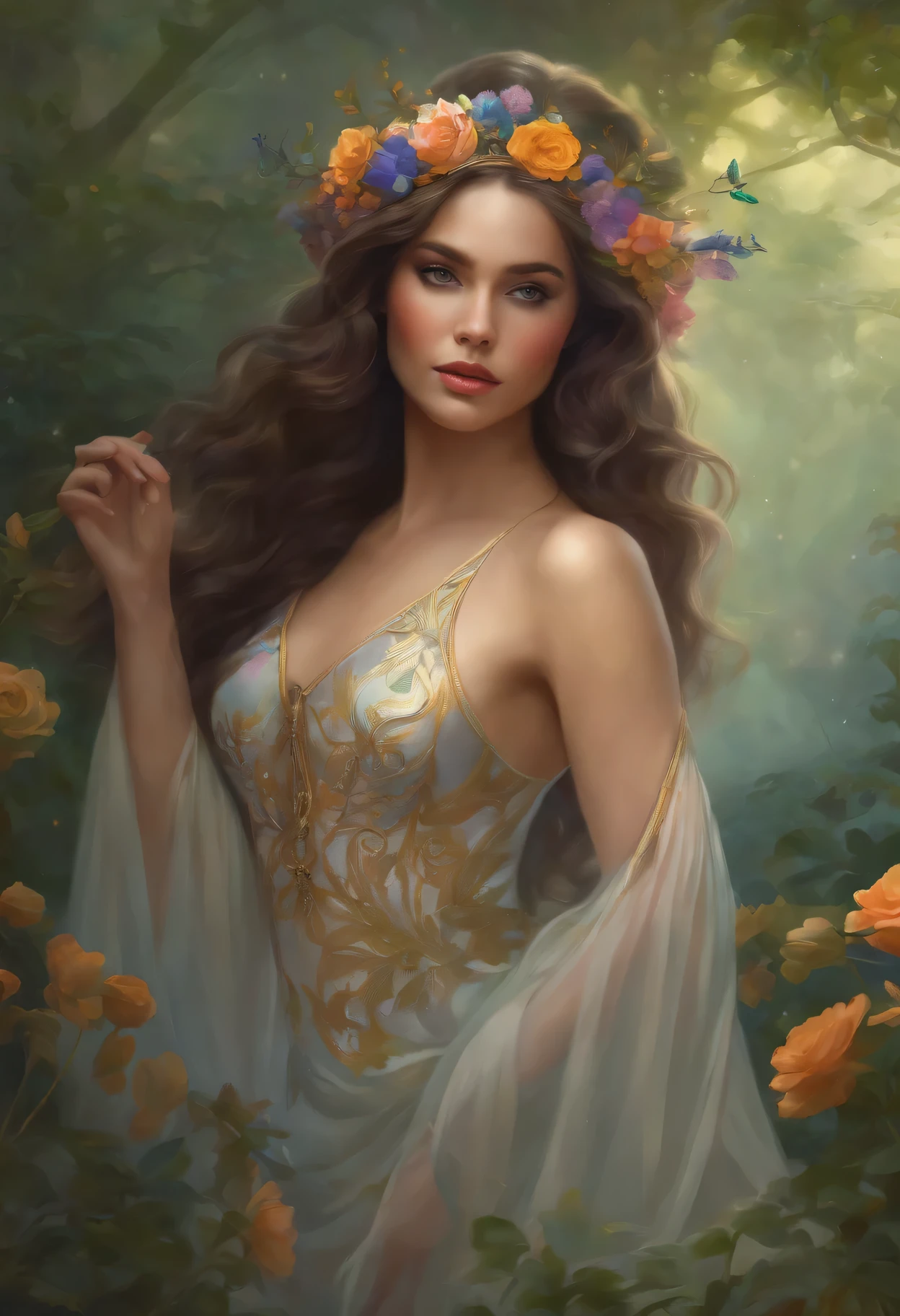 lisa frank art color, cuerpo completo, full body, senos grandes, nalgas grandes, mujer, multicolored long hair, multicolored aurora, art face by tom bagshaw, emile vernon style, fullbody dynamic movement pose, beautiful woman with long hair, gold jewellery, oil painting, fantasy, intricate, intricate stunning highly detailed girl by artgerm and edouard bisson, beautiful elegant, fantasy, flowers, forest, highly detailed, digital airbrush, photorealistic, octane render, black hair, black lips, gothic, rapunzel cabellos largos, cabellos largos dorados, cabellos largos color oro, pelo largo, digital painting, soft skin wide eyes watercolor, style, sketch, watercolor paiting, watercolor artist, portrait of a girl, vintage cartoon, ghibli, artgerm, wlop, alphonse mucha dynamic lighting hyperdetailed intricately detailed splash art trending on artstation triadic colors unreal engine 5 volumetric lighting, Transparent clothing, slight smile,, open legs, view of pubic hair, 1 sexy girl in transparent forest clothes,exposed breasts, open transparent t-shirt,mandala and flower tattoos, La mejor calidad,