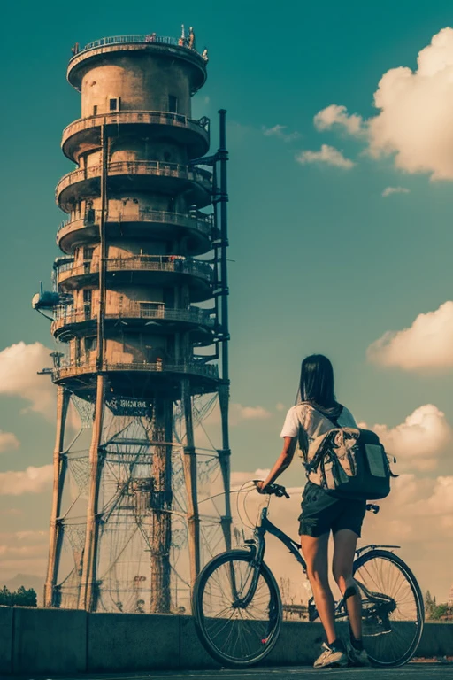 a girl rides a bicycle, in running shorts, short shorts, a very creepy looking tower with lots of tubes and pipes all over the place, no humans, sky, cloud, scenery, cable, industrial pipe