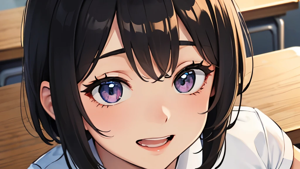 tan skin、、high school girl、hair is black、shortcut、full of energy、tanned skin、very smiling、Sarah uniform、summer clothes、classroom。close up of face、face is red、From above