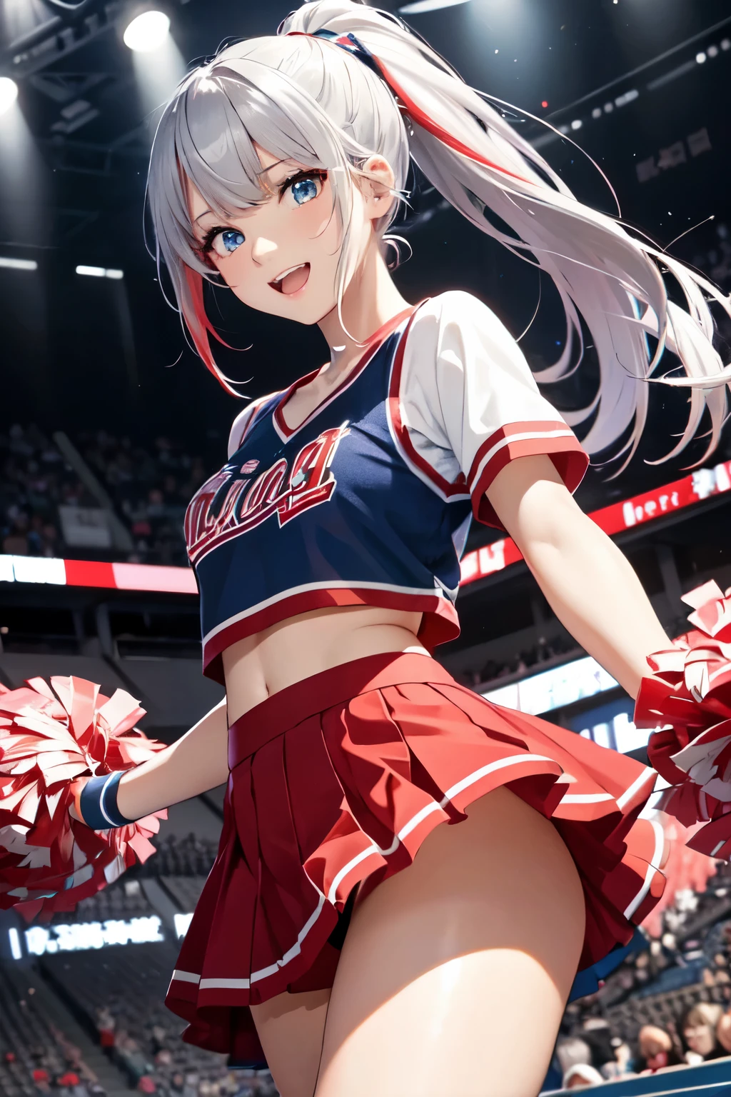 (In 8K, best quality, muste piece:1.2)、ultra high resolution、official art, 1 girl aged 14、ultra-detailed face, detailed eyes,frills,cheer leader fashion,dynamic poses, dynamic angle, close-up, cowboy shot, (nup, cheerleader:1.2),smile,open mouth,cyberpunk cheerleader,ponytail,(Silver hair, red streaked hair), blue eyes, captivate your audience,spotlit,solo,Japan Budokan